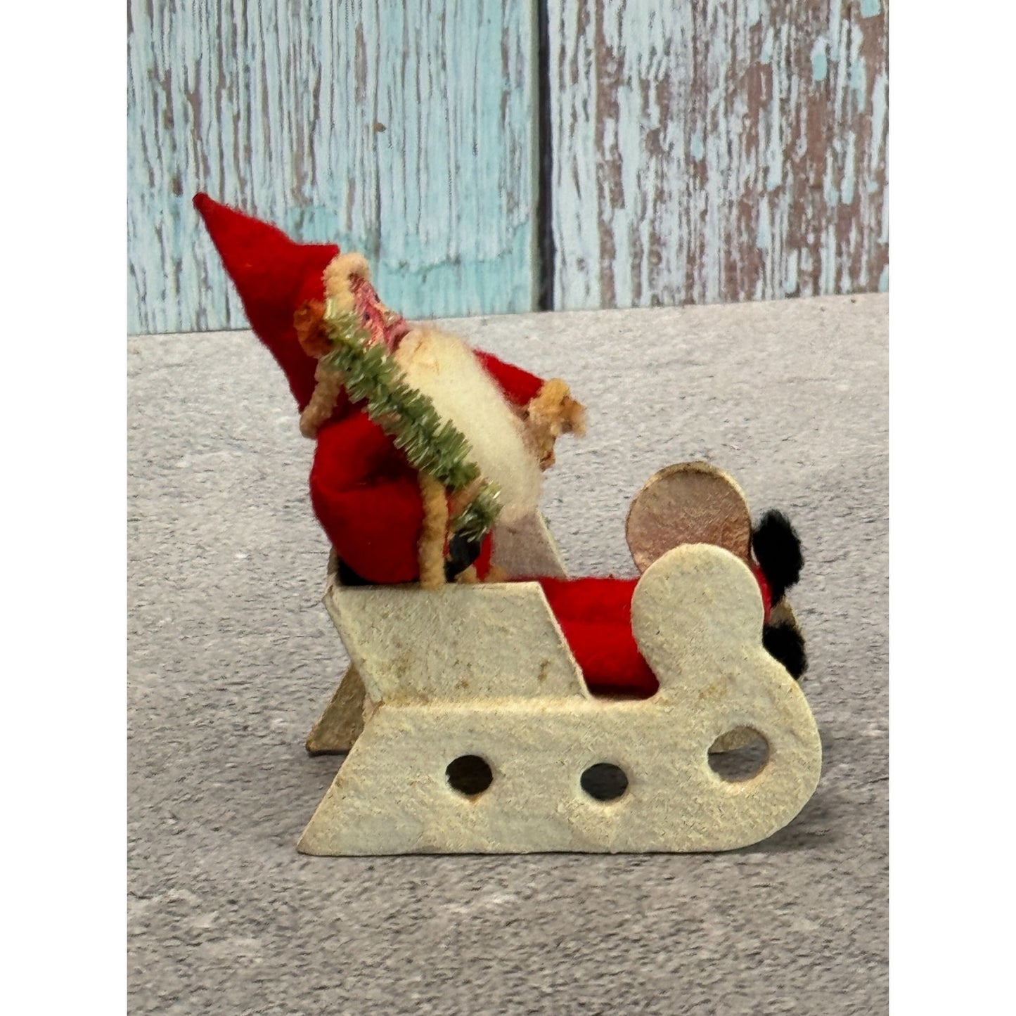 Antique 1930s Japan Santa Cardboard Sleigh Molded Composition Face Brush Tree