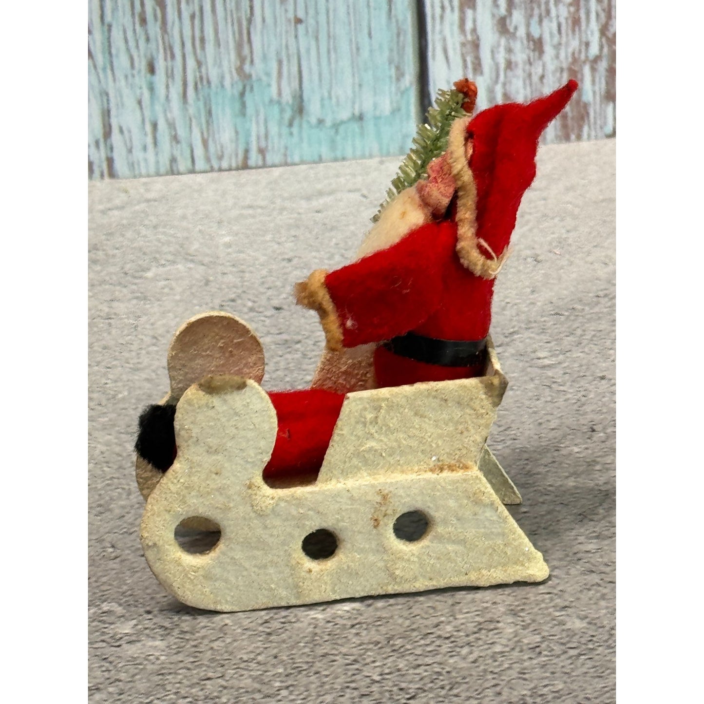 Antique 1930s Japan Santa Cardboard Sleigh Molded Composition Face Brush Tree