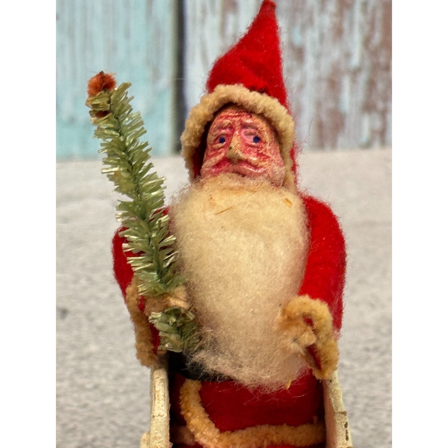 Antique 1930s Japan Santa Cardboard Sleigh Molded Composition Face Brush Tree