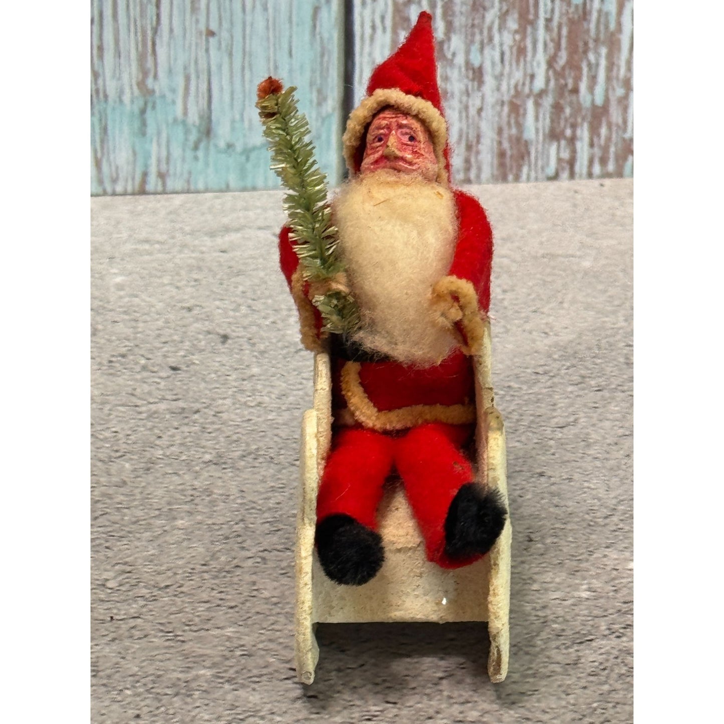 Antique 1930s Japan Santa Cardboard Sleigh Molded Composition Face Brush Tree