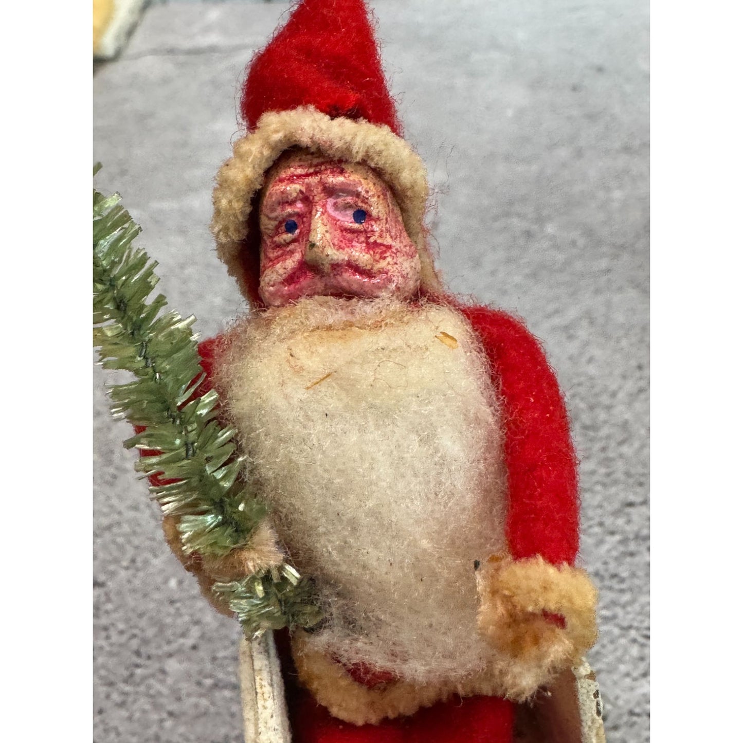 Antique 1930s Japan Santa Cardboard Sleigh Molded Composition Face Brush Tree
