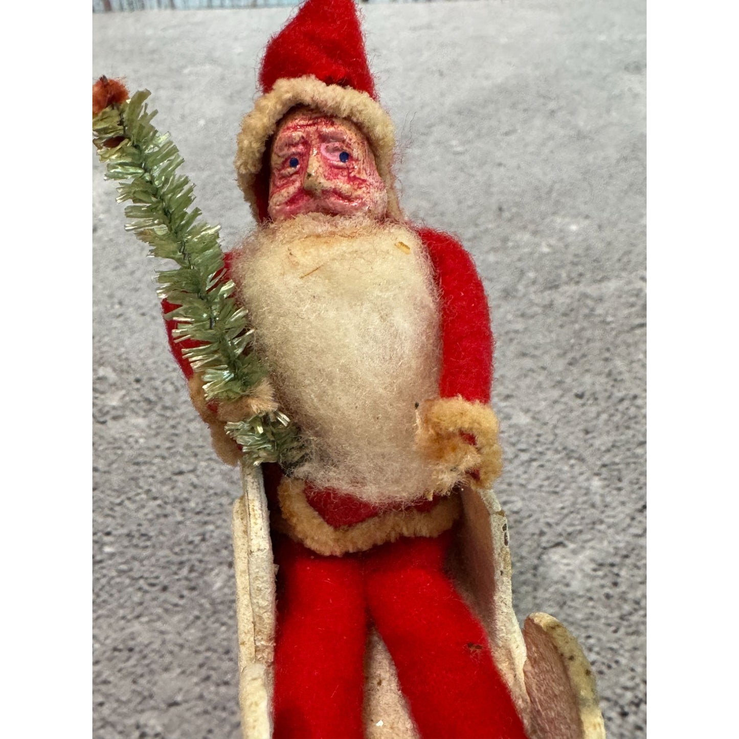Antique 1930s Japan Santa Cardboard Sleigh Molded Composition Face Brush Tree