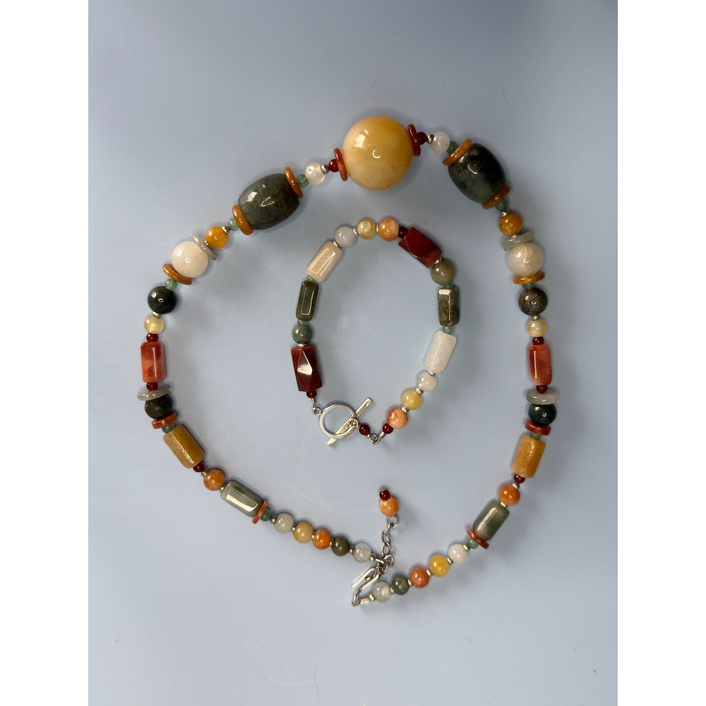 Beggar Beads Sterling Silver Necklace & Bracelet Set Semi-Precious Stones