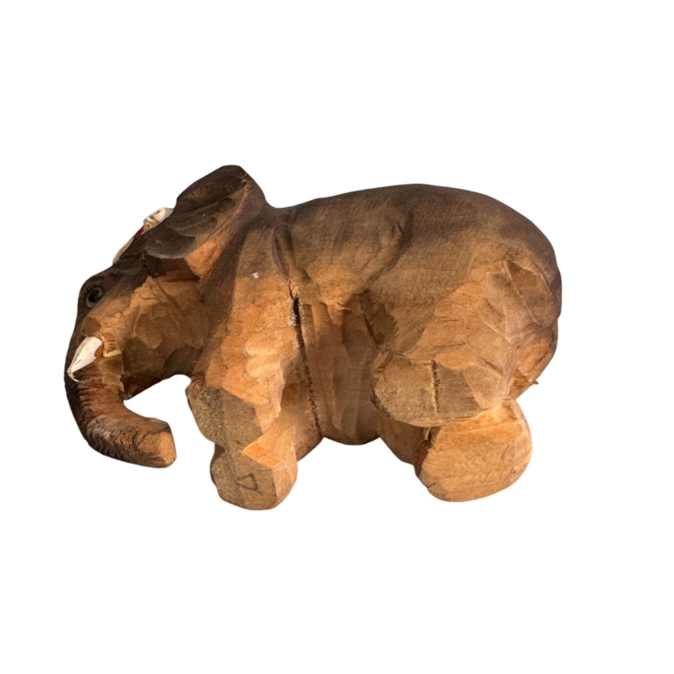 Hand-Carved Balsa Wood Elephant Ornament With Red Cap