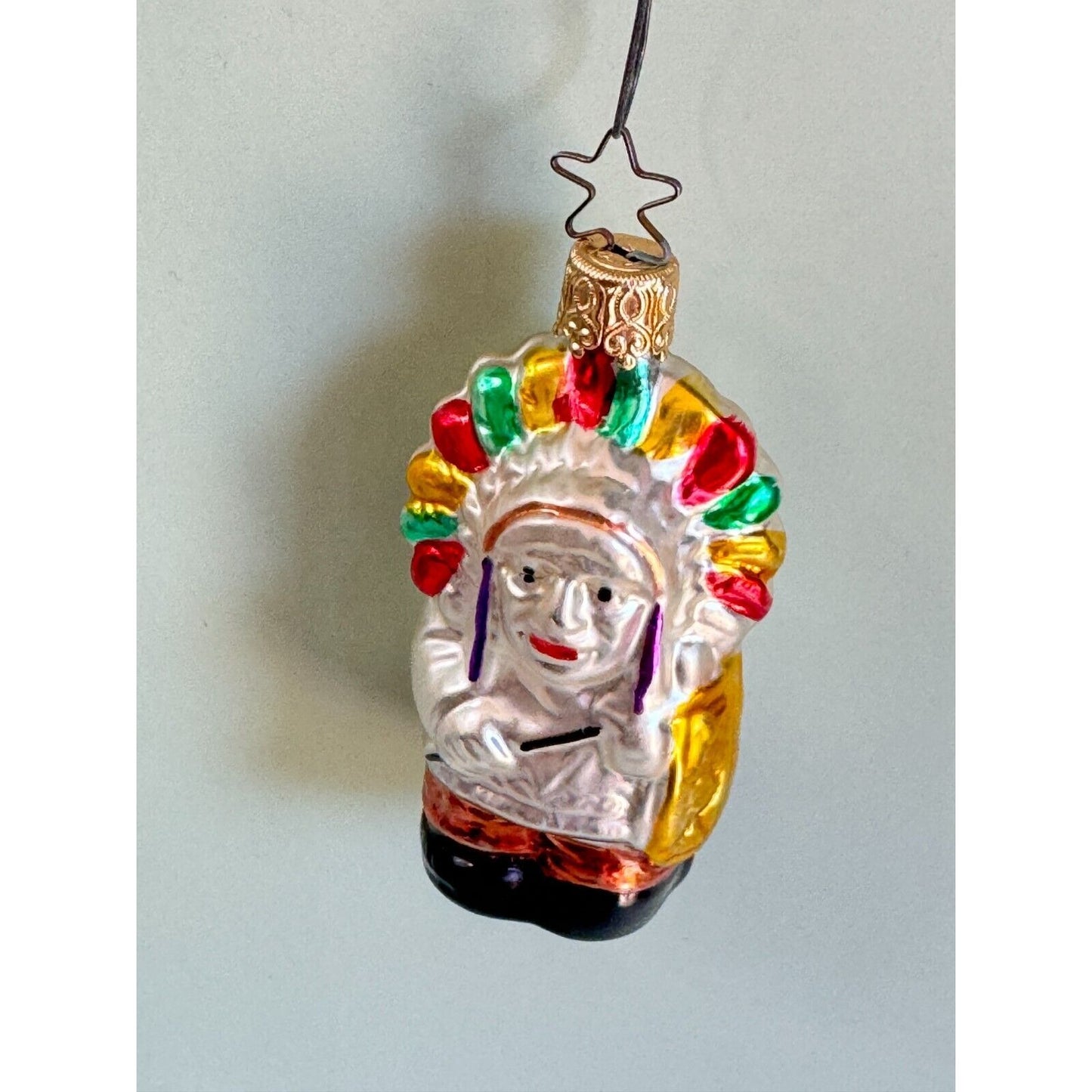 Vintage West Germany Inge Glass Chief with Head Dress Glass Christmas Ornament