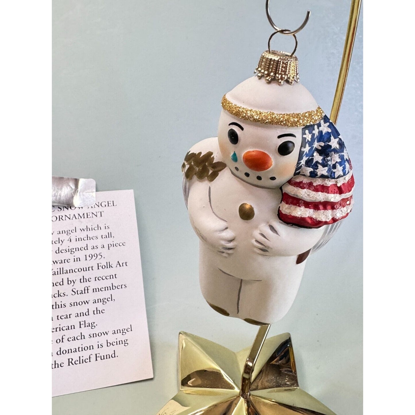 Vaillancourt Folk Art Patriotic Snowman Angel Glass Ornament 2001 w/Stand & Card