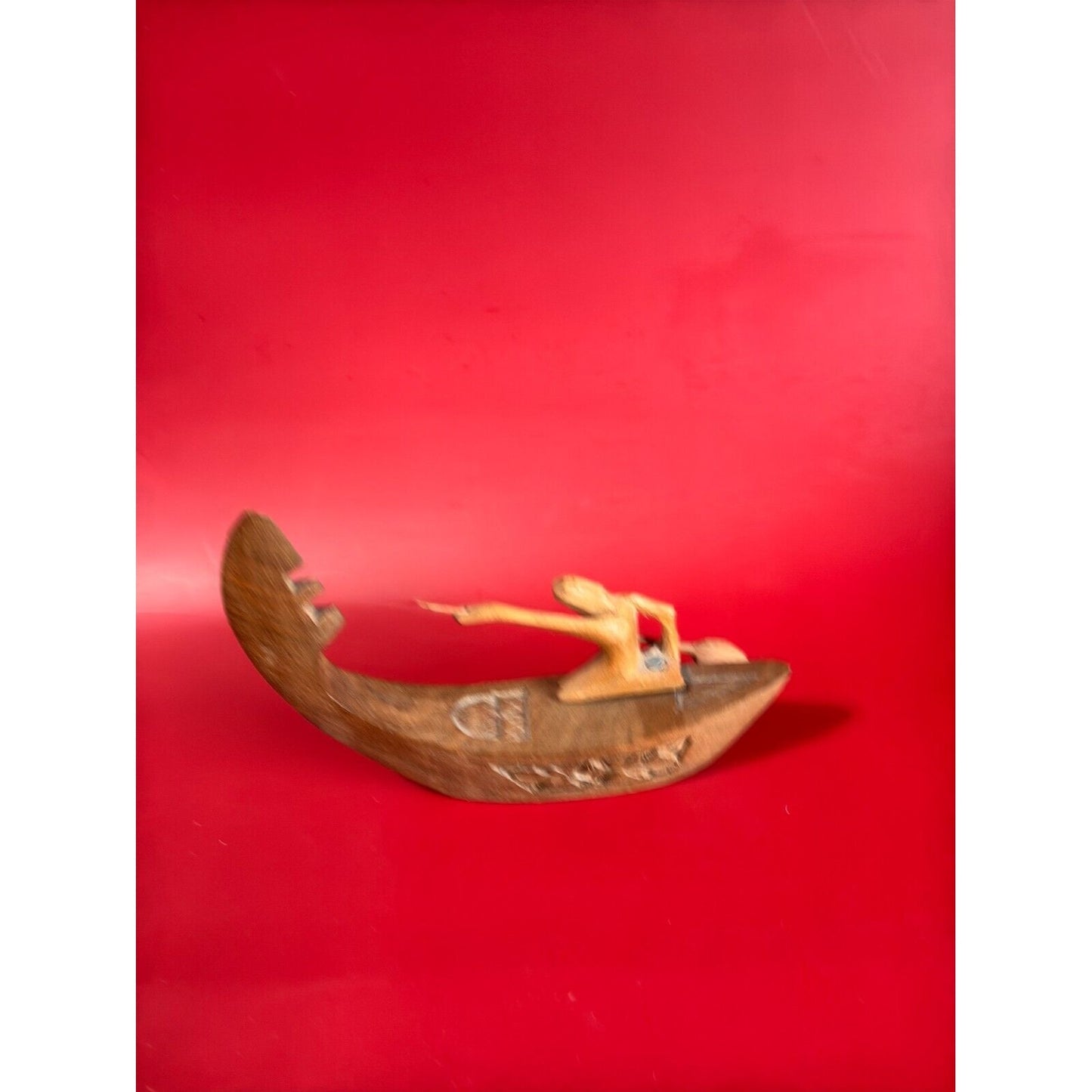 Vintage Indigenous Handcarved Teak Boat Kneeling Tribal Paddler Figurine Statue