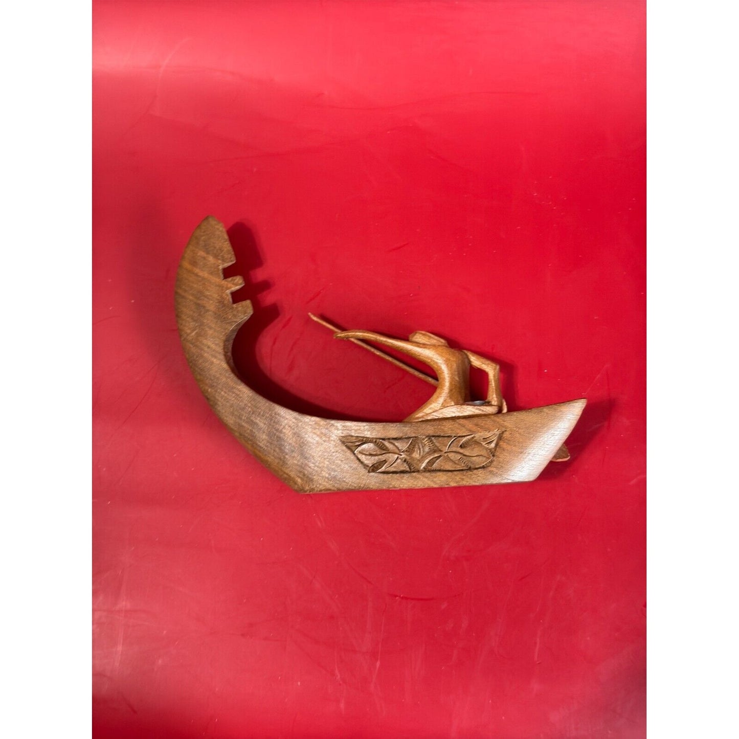 Vintage Indigenous Handcarved Teak Boat Kneeling Tribal Paddler Figurine Statue
