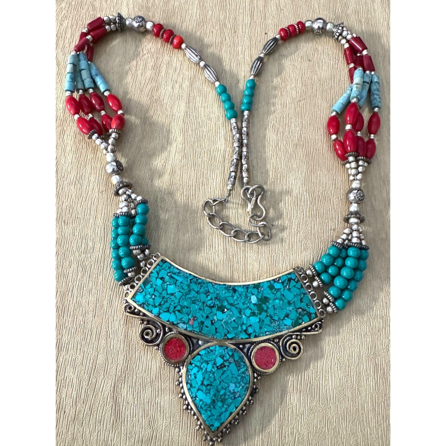 Southwestern Tribal Necklace With Red & Turquoise Howlite Stones Micro Mosaic 19"