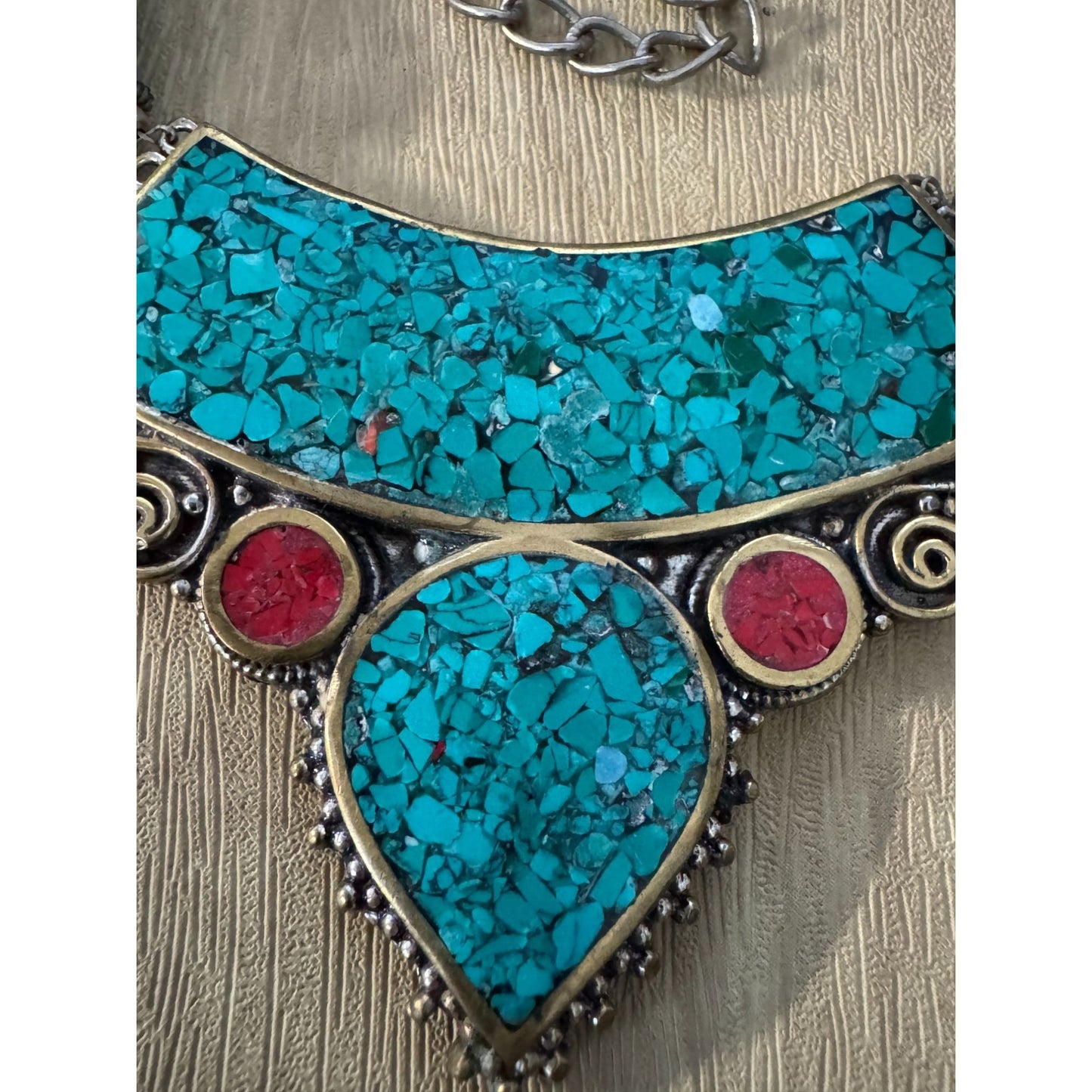 Southwestern Tribal Necklace With Red & Turquoise Howlite Stones Micro Mosaic 19"