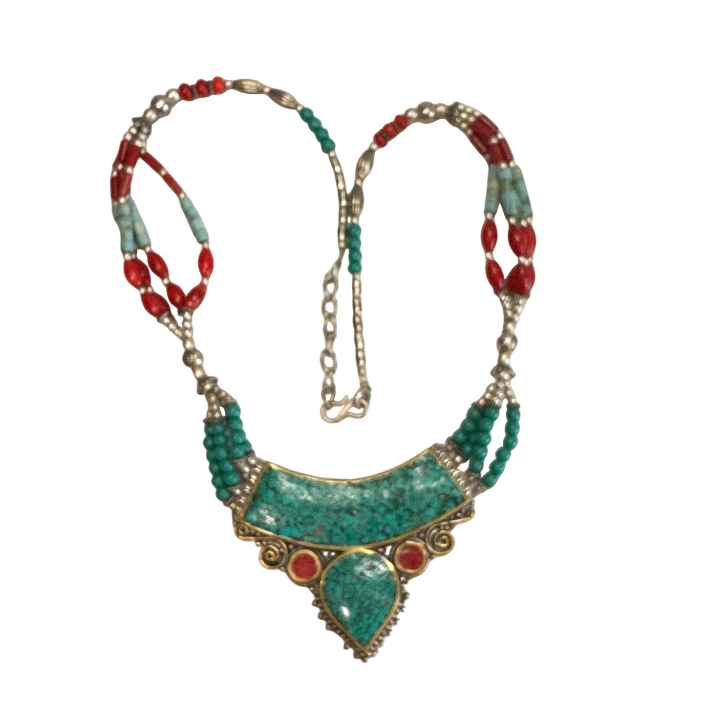 Southwestern Tribal Necklace With Red & Turquoise Howlite Stones Micro Mosaic 19"
