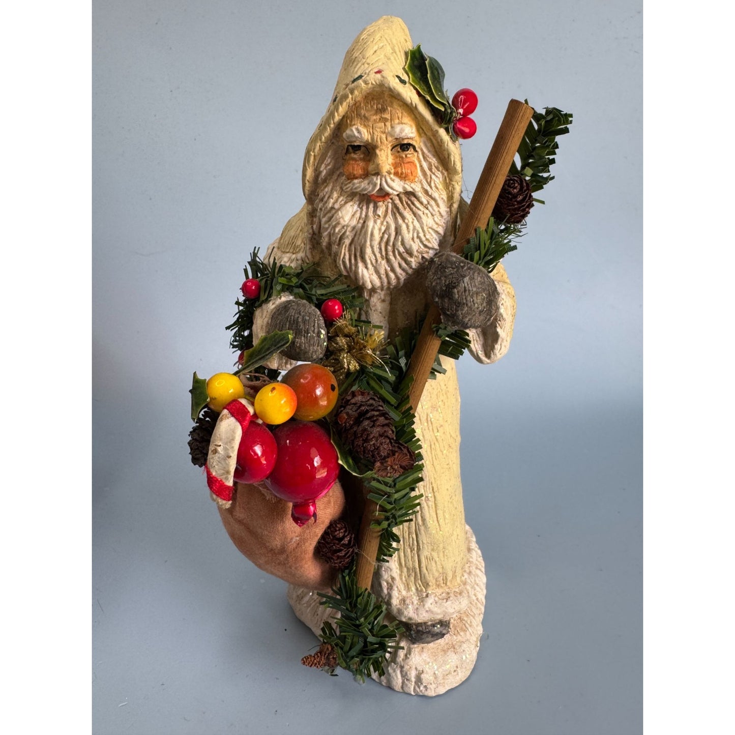Vintage Folk Art Santa Figurine 7.5" Hand-Painted Resin With Sack & Garland