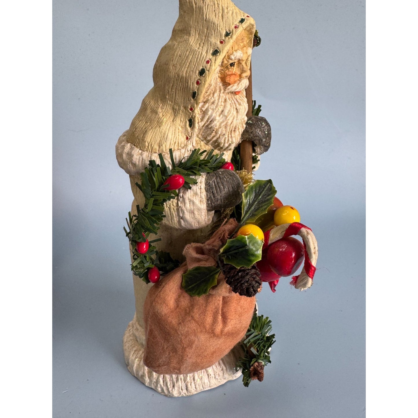 Vintage Folk Art Santa Figurine 7.5" Hand-Painted Resin With Sack & Garland
