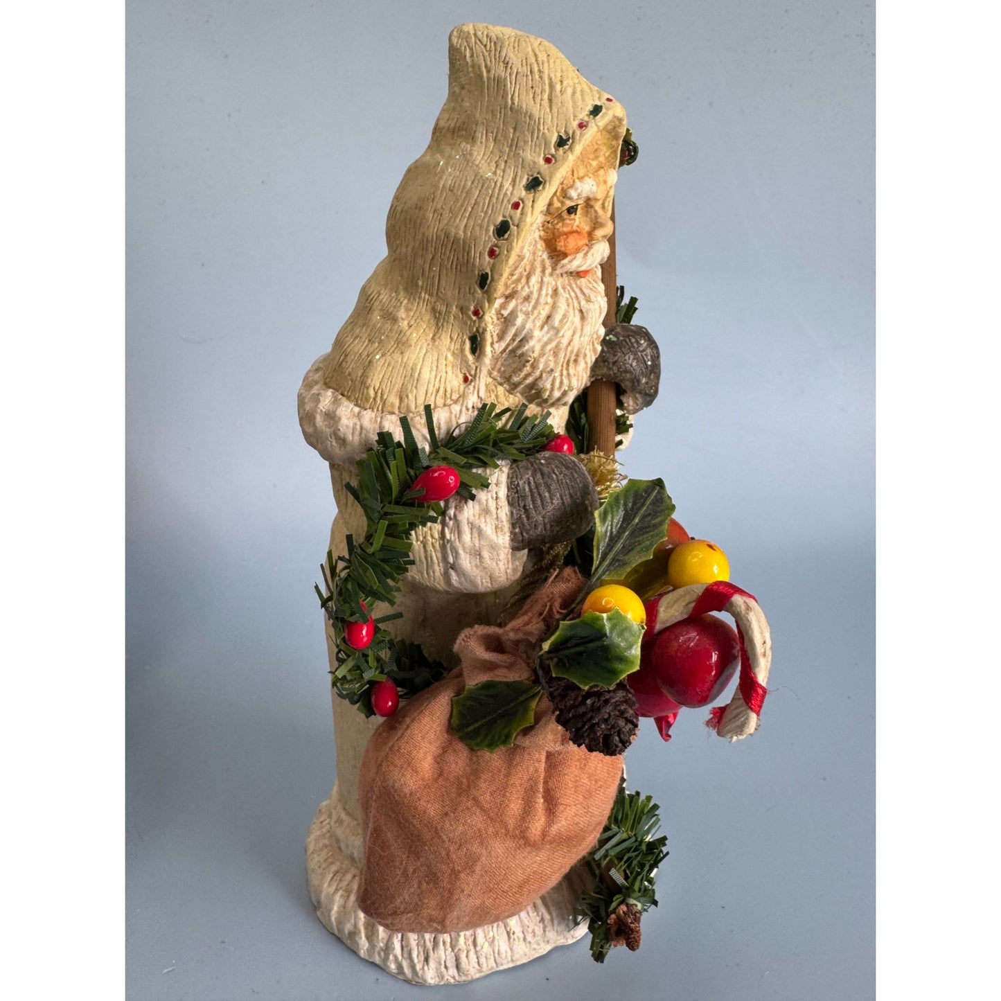 Vintage Folk Art Santa Figurine 7.5" Hand-Painted Resin With Sack & Garland