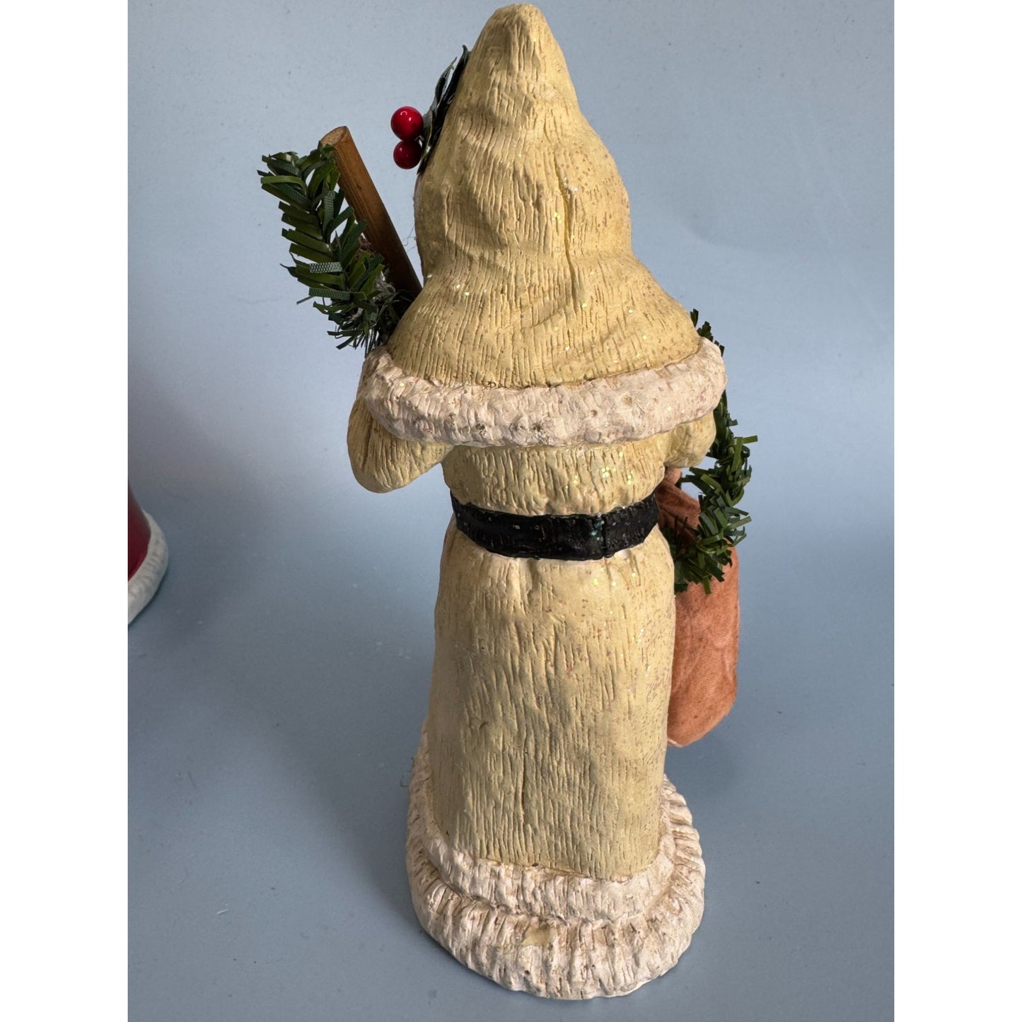 Vintage Folk Art Santa Figurine 7.5" Hand-Painted Resin With Sack & Garland