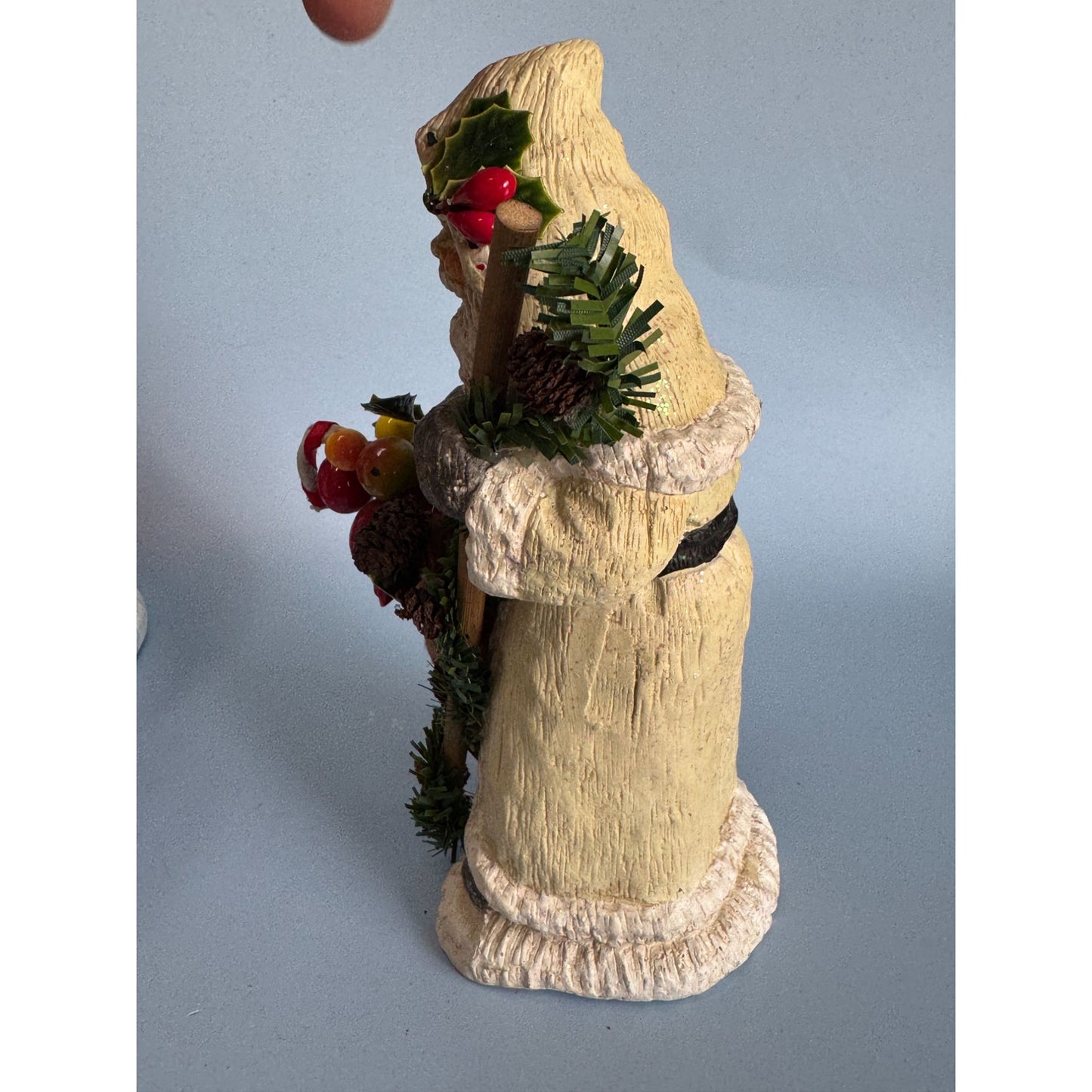 Vintage Folk Art Santa Figurine 7.5" Hand-Painted Resin With Sack & Garland