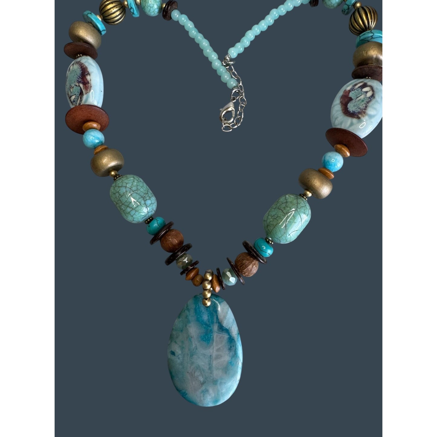 Boho Turquoise Chunky Necklace Stone Pendant Ceramic Bead Adjustable 26in