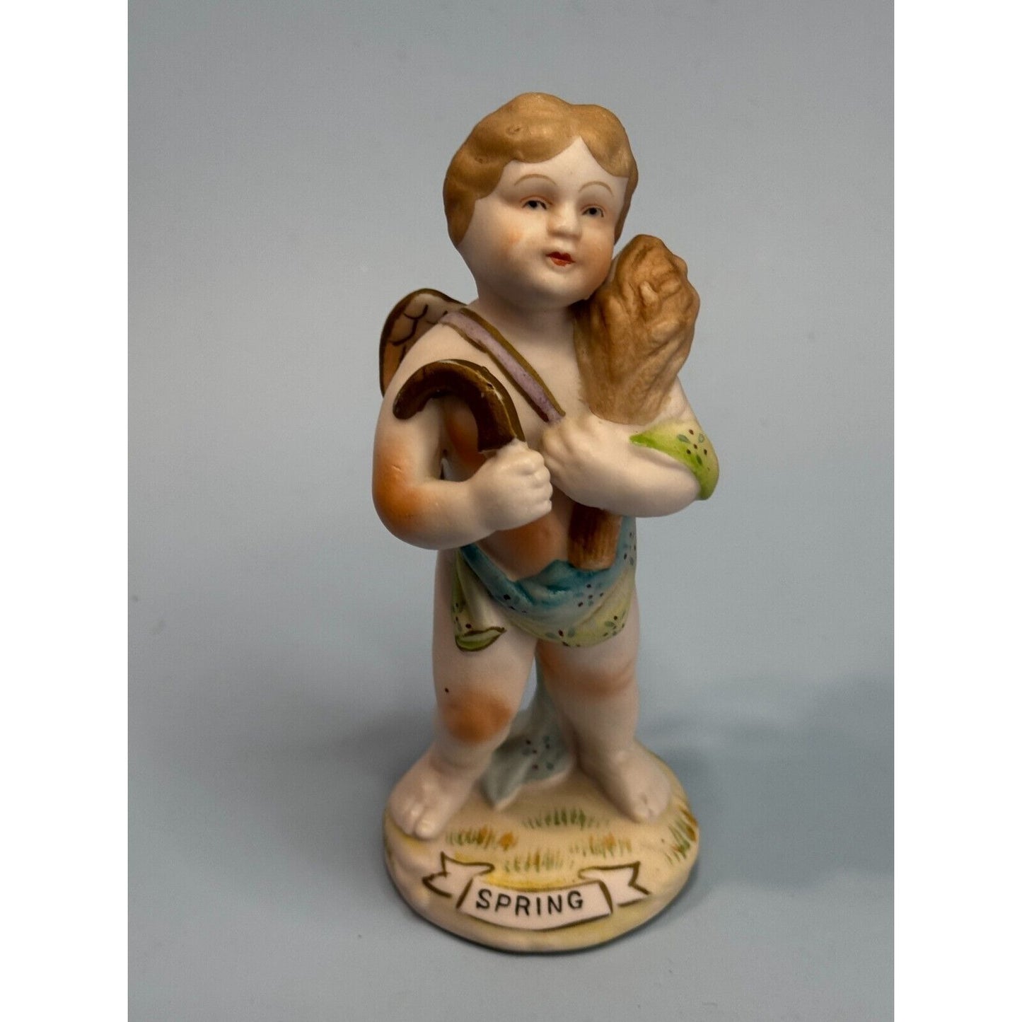 Vintage Hand Painted Porcelain Cherub Figurine Titled "Spring" Germany C1940