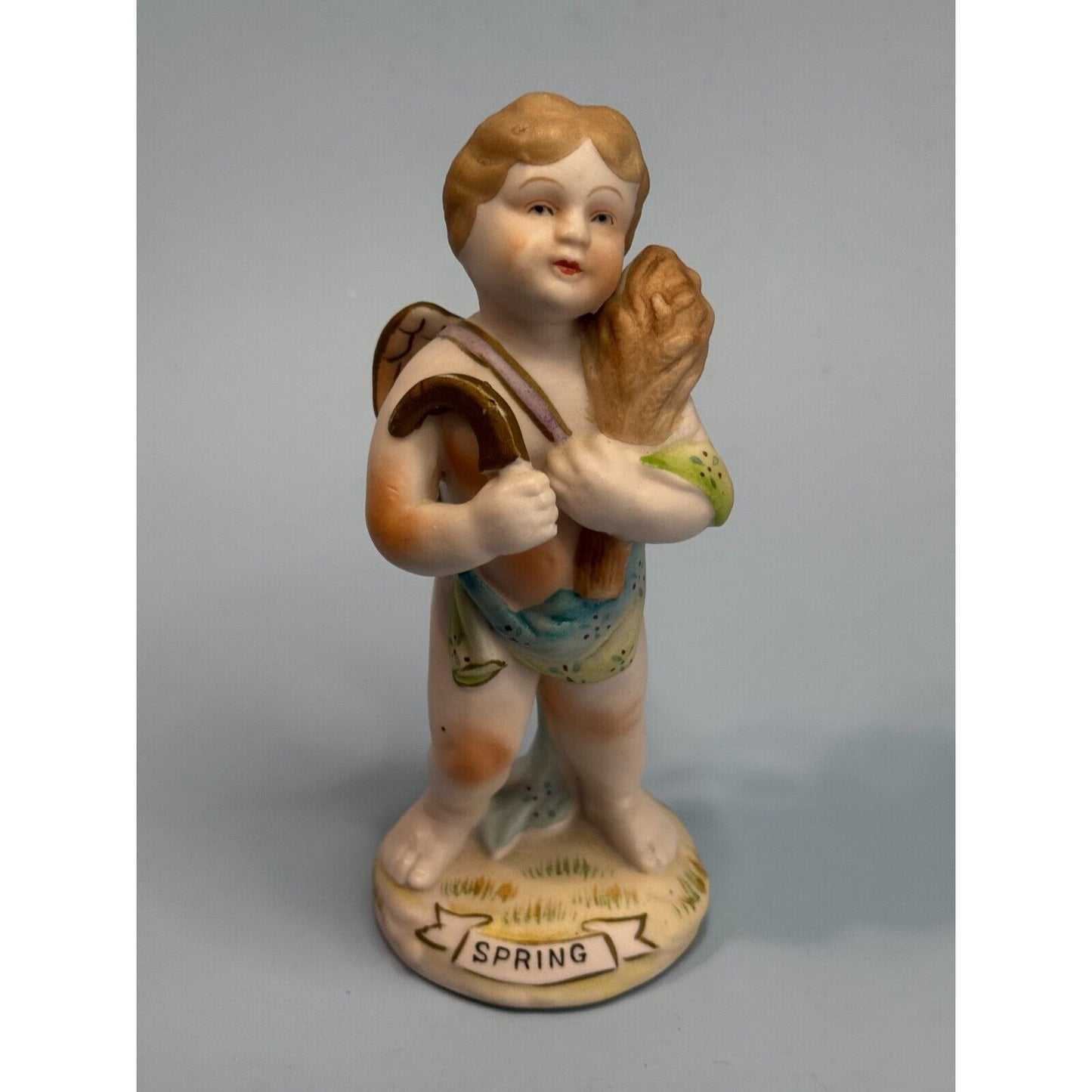 Vintage Hand Painted Porcelain Cherub Figurine Titled "Spring" Germany C1940