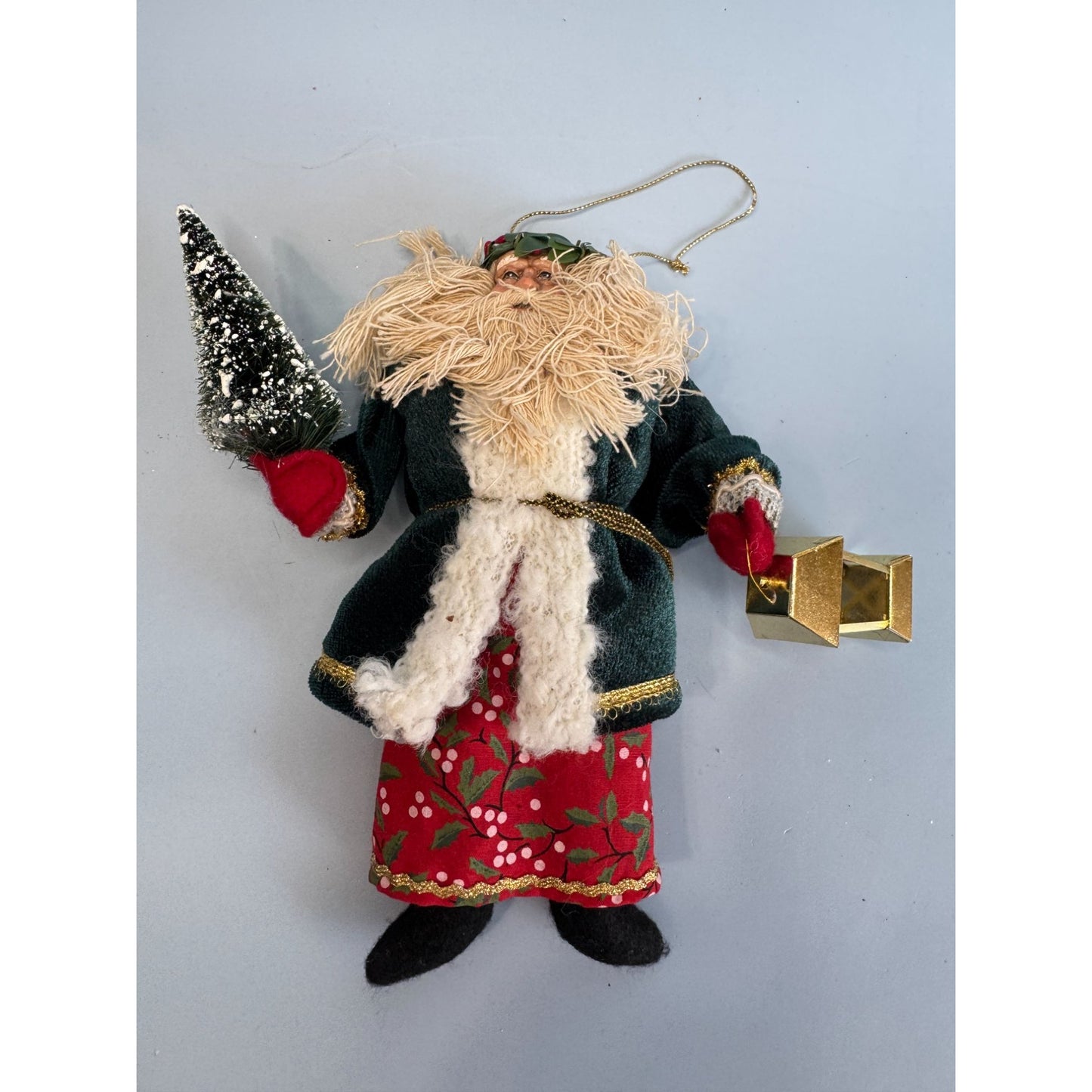 Vintage Old World Santa Claus Ornament With Lantern & Tree 7" Folk Art