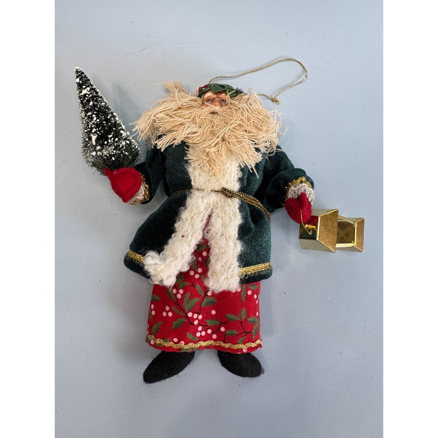 Vintage Old World Santa Claus Ornament With Lantern & Tree 7" Folk Art
