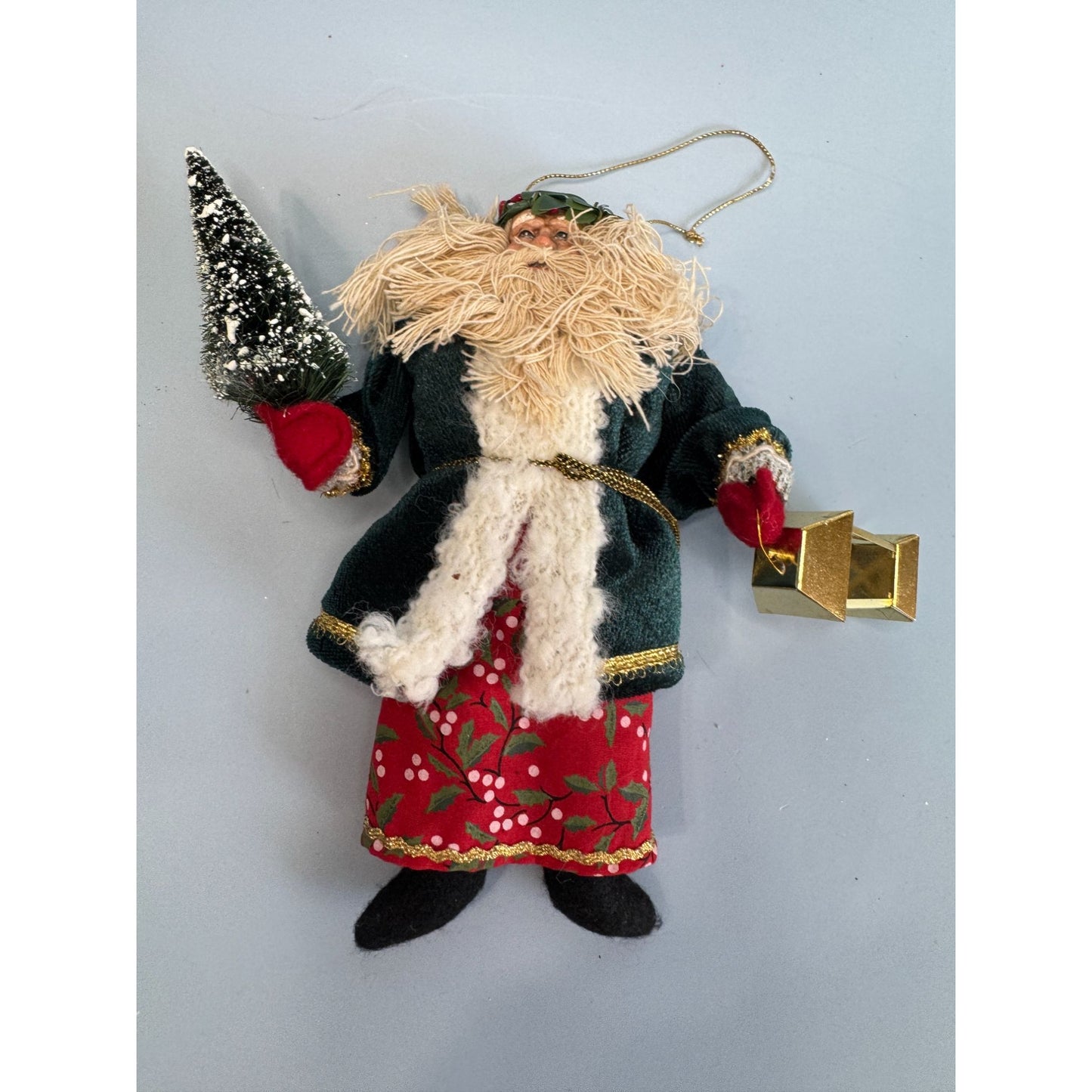 Vintage Old World Santa Claus Ornament With Lantern & Tree 7" Folk Art