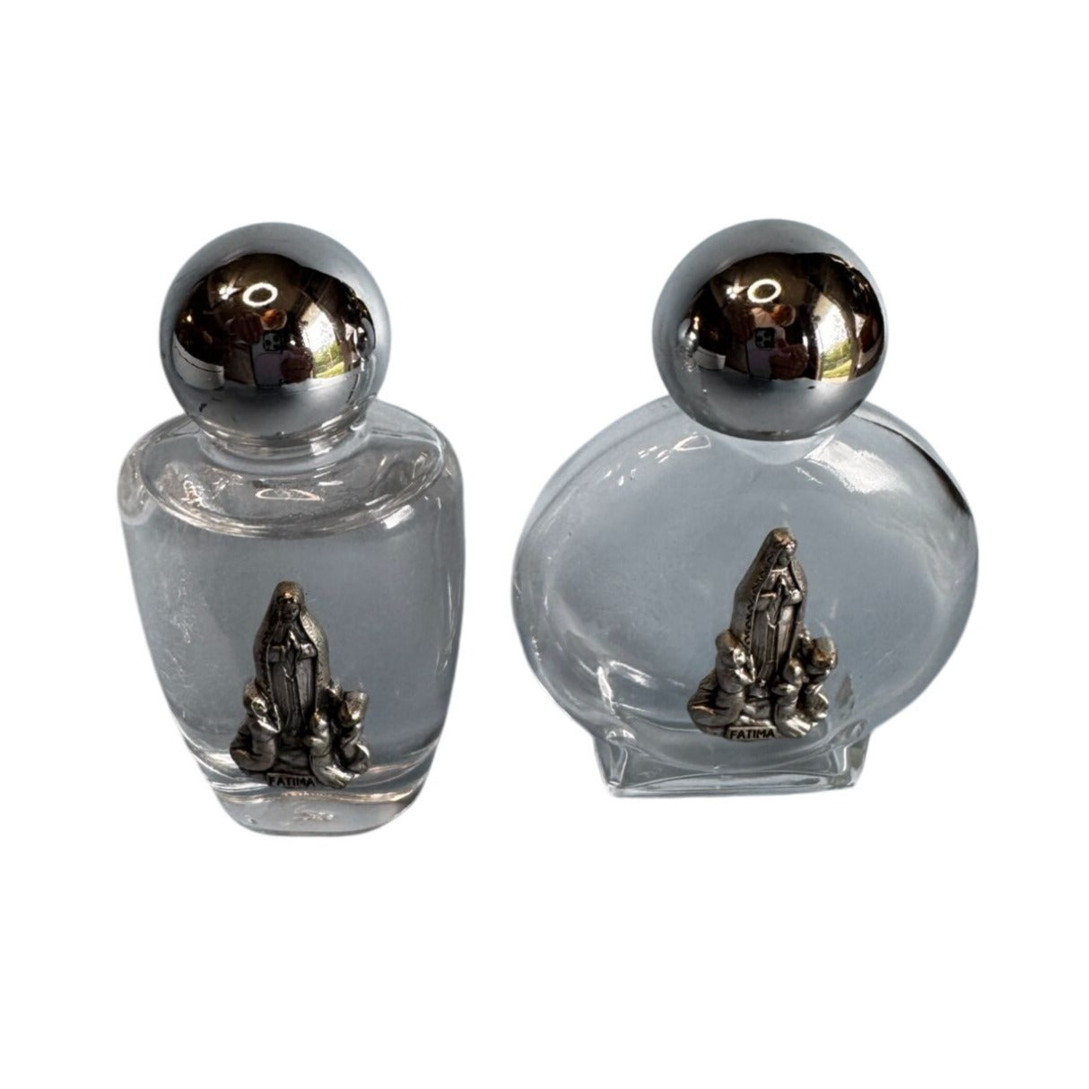 Our Lady Of Fatima Religious Glass Bottles Silver Tone Medallions Decorative Pair