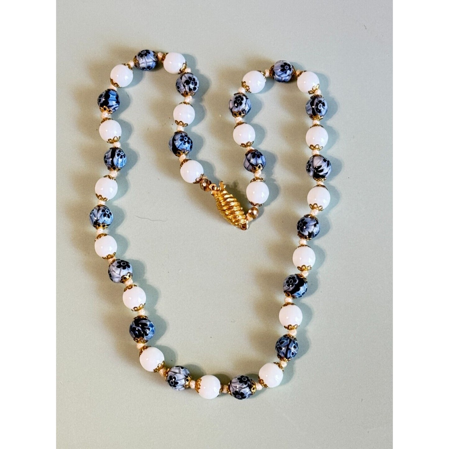 Vintage Venetian Millefiori Blue Floral and White Glass Beaded Necklace 16"