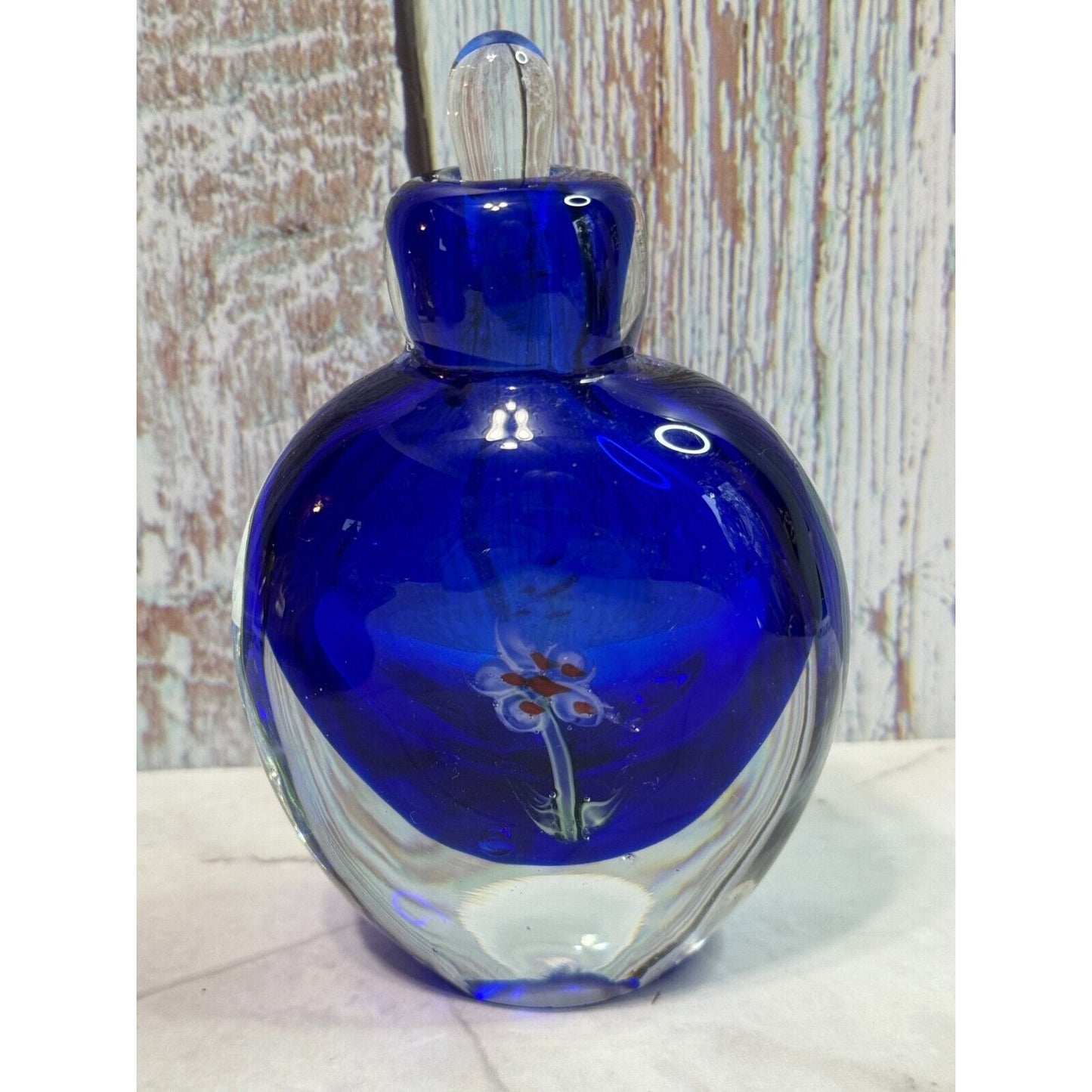 Vintage Cobalt Blue Millefiori Fower Perfume Bottle Art Glass with Stopper Empty