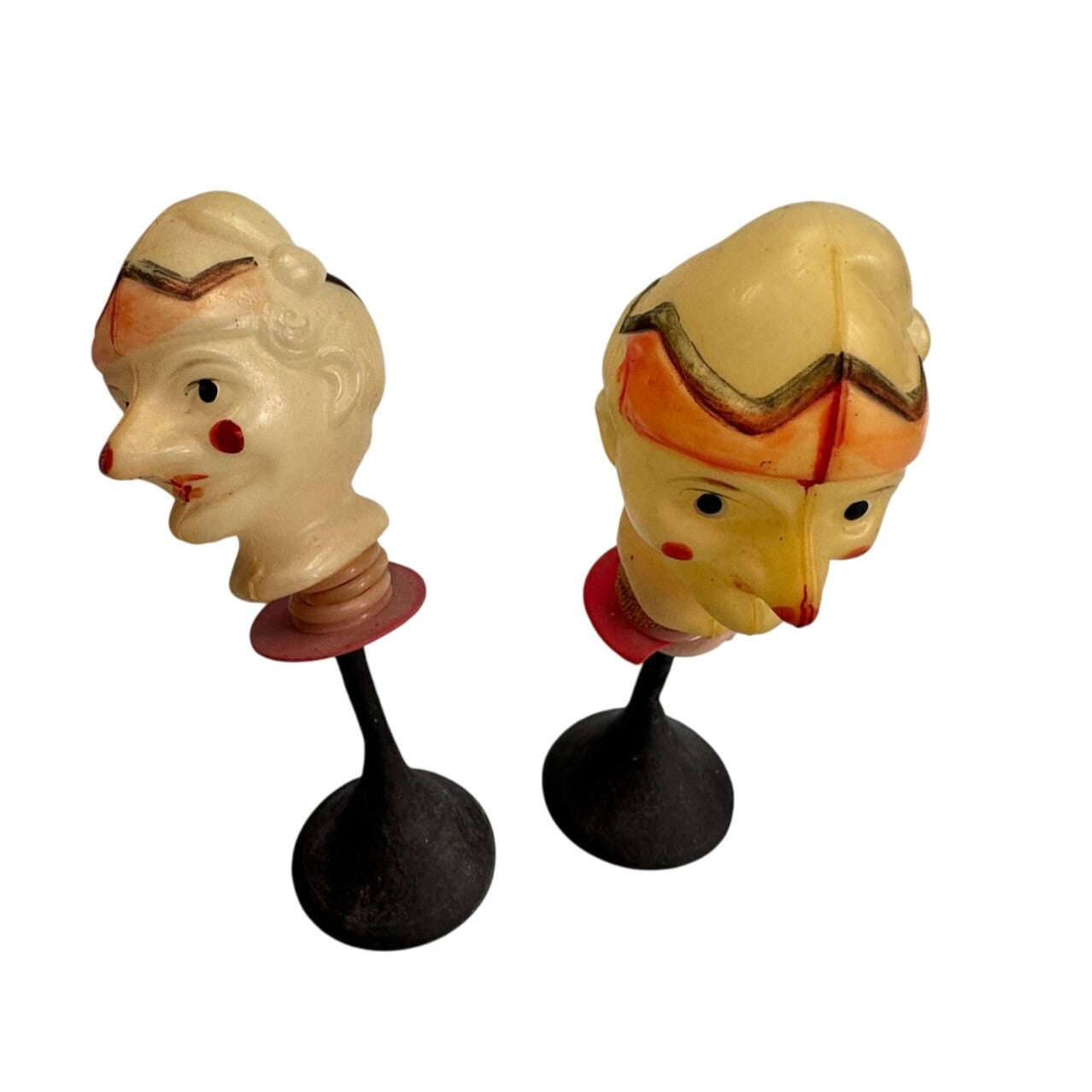 Rare 1920s Celluloid Clown Bobblehead Pair Circus Toy Nodder Yellow/Beige 5 Inch