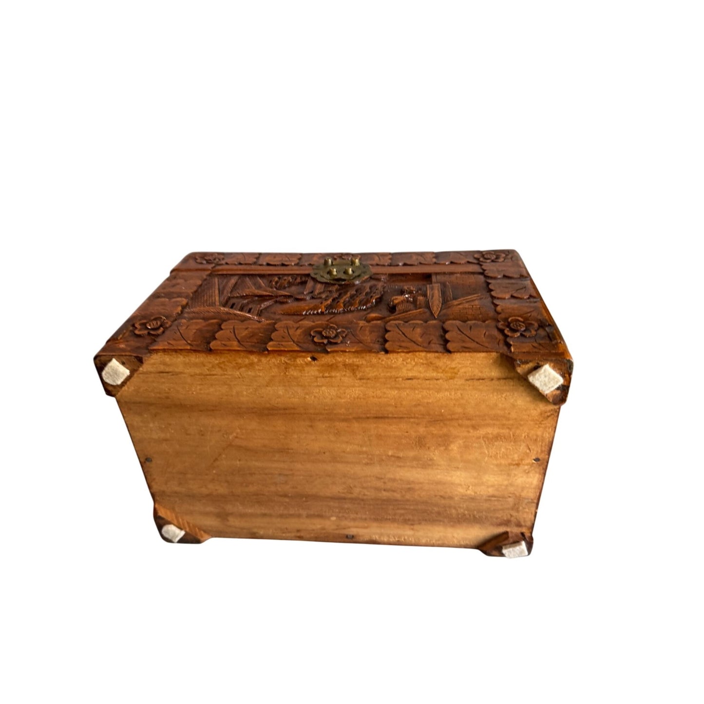 Vintage Camphor Wood Asian Village Scene Tribal Folk Art Storage Box 12"