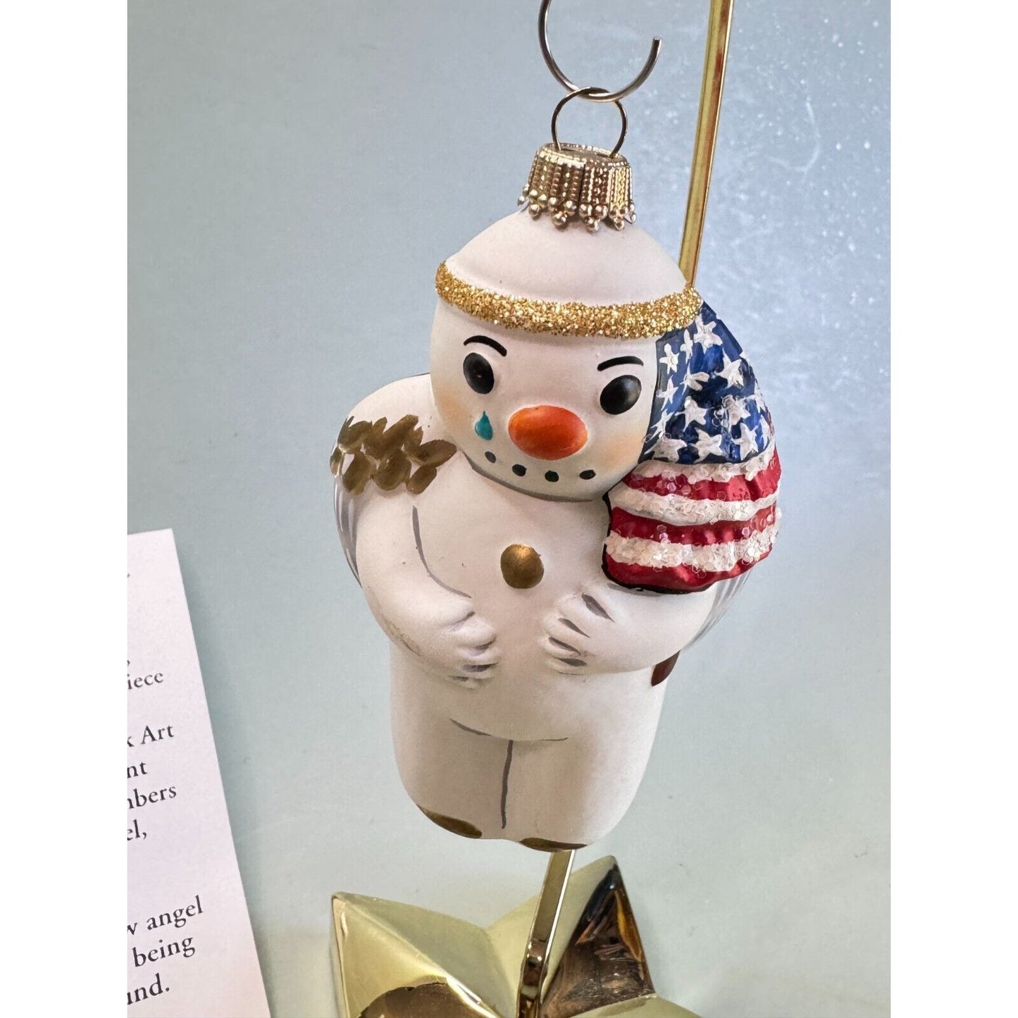 Vaillancourt Folk Art Patriotic Snowman Angel Glass Ornament 2001 w/Stand & Card