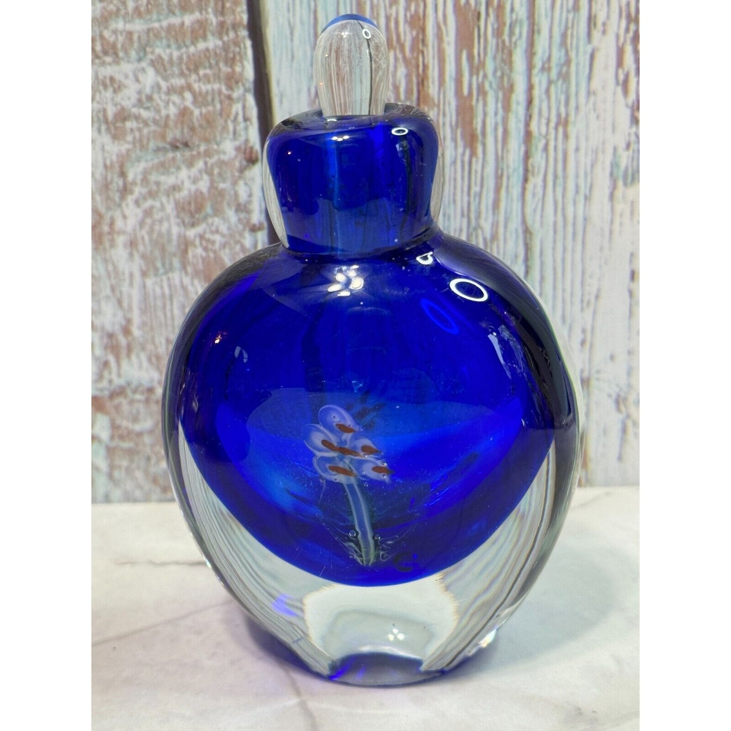 Vintage Cobalt Blue Millefiori Fower Perfume Bottle Art Glass with Stopper Empty