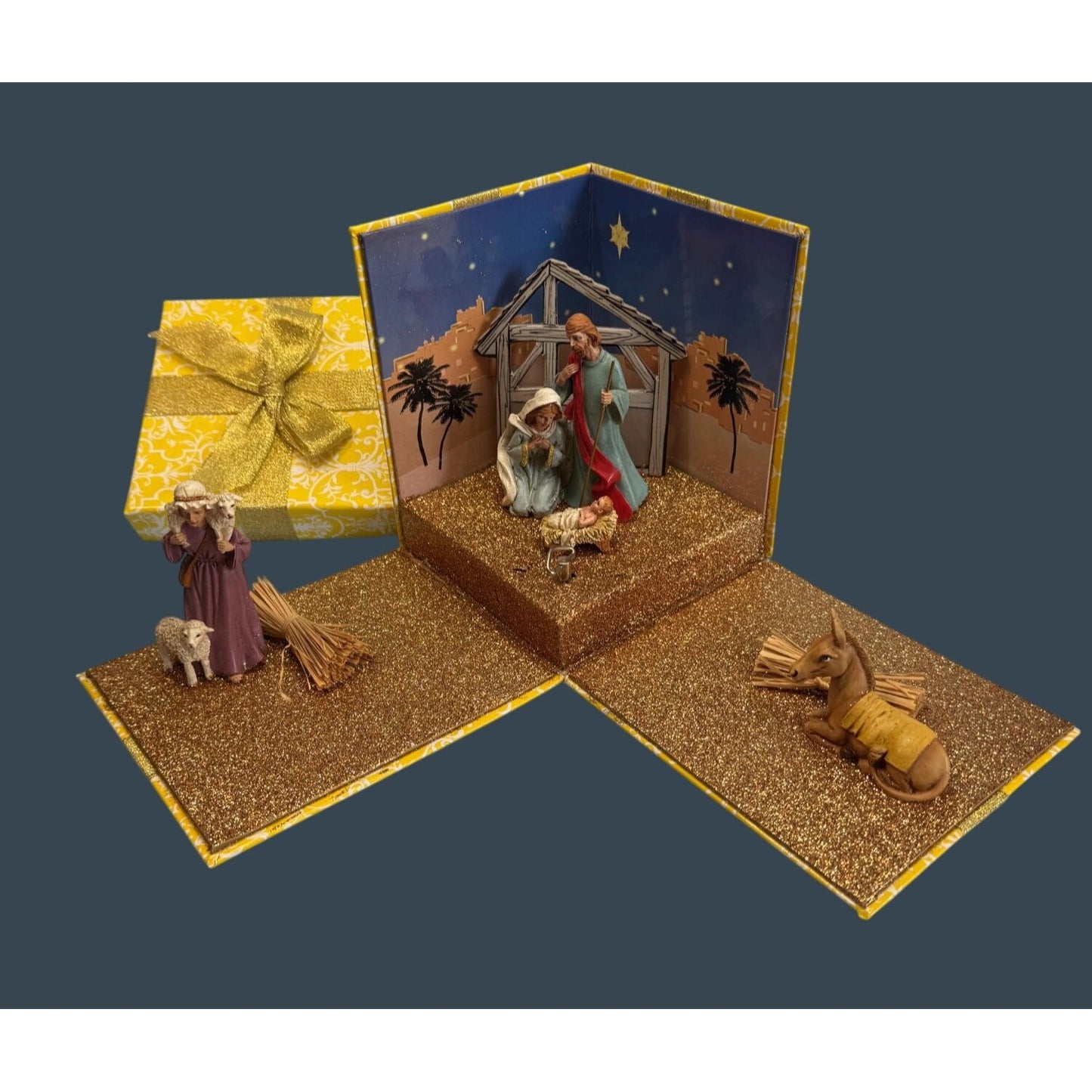 Musical Pop Up 3D Nativity Scene Decorative Box With Glitter Interior