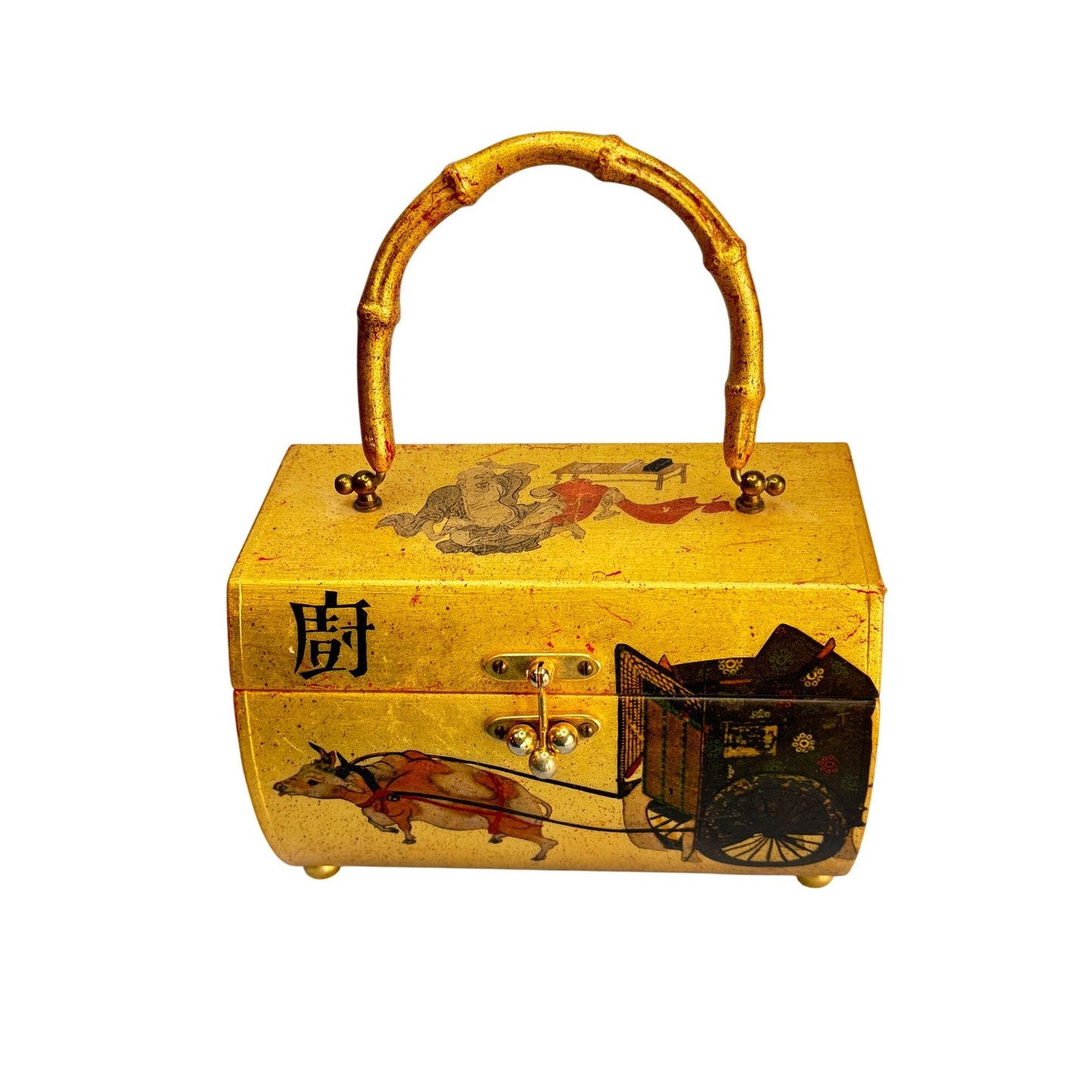 Vintage Handcrafted Asian-Inspired Bamboo Handle Box Purse Carolyn Dauner 1975 With Red Velvet Interior & Mirror