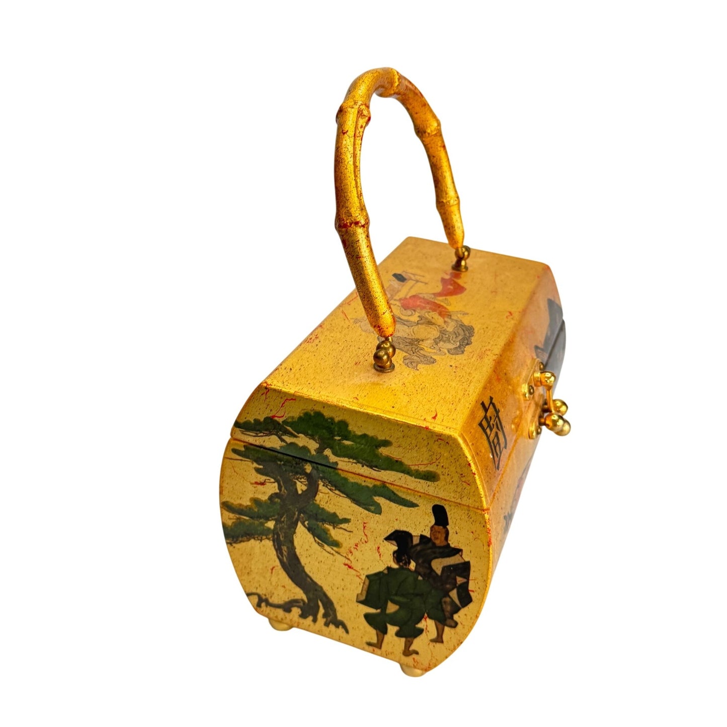 Vintage Handcrafted Asian-Inspired Bamboo Handle Box Purse Carolyn Dauner 1975 With Red Velvet Interior & Mirror