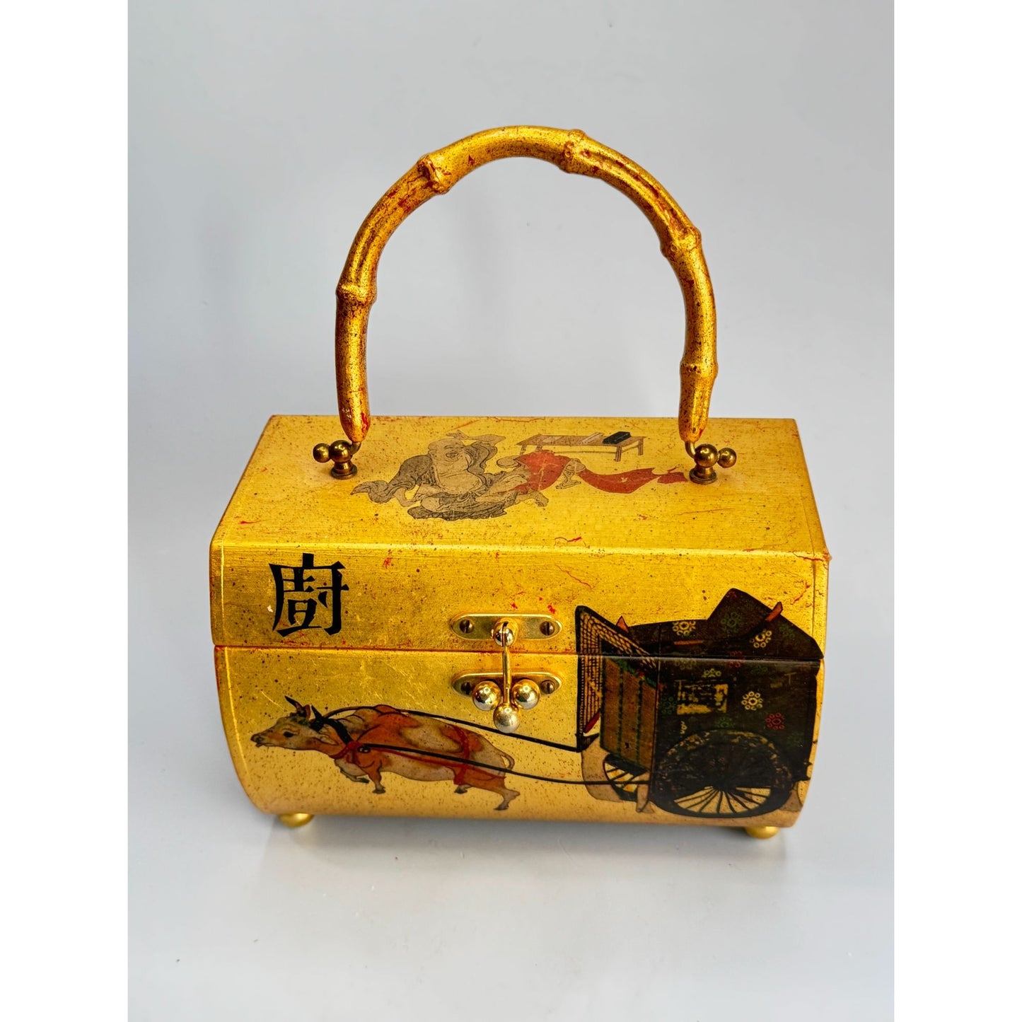 Vintage Handcrafted Asian-Inspired Bamboo Handle Box Purse Carolyn Dauner 1975 With Red Velvet Interior & Mirror