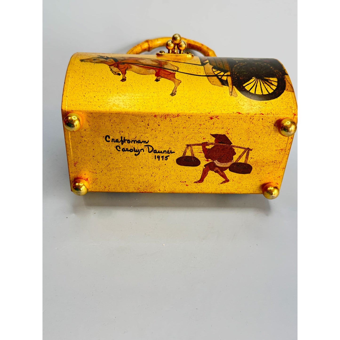 Vintage Handcrafted Asian-Inspired Bamboo Handle Box Purse Carolyn Dauner 1975 With Red Velvet Interior & Mirror