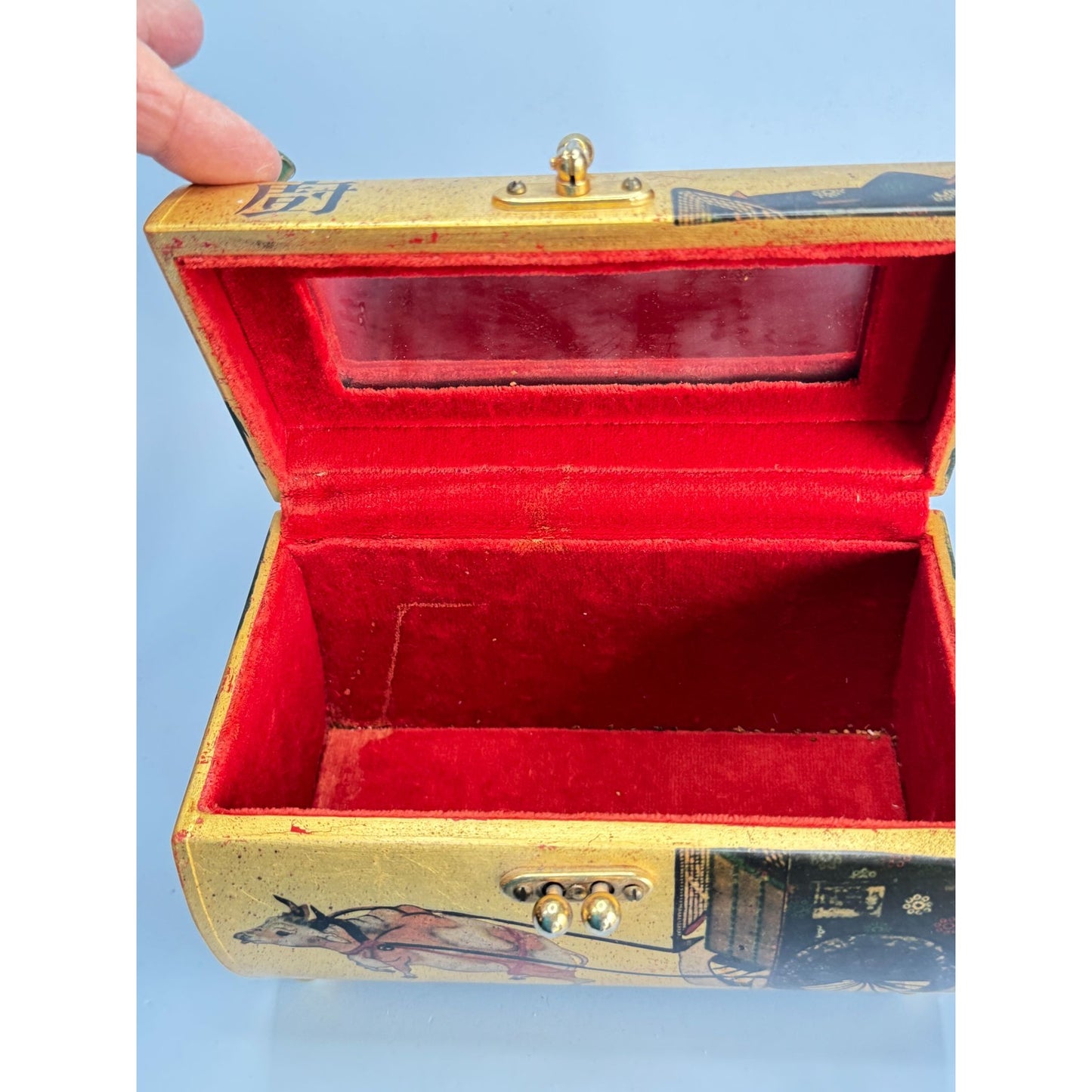 Vintage Handcrafted Asian-Inspired Bamboo Handle Box Purse Carolyn Dauner 1975 With Red Velvet Interior & Mirror