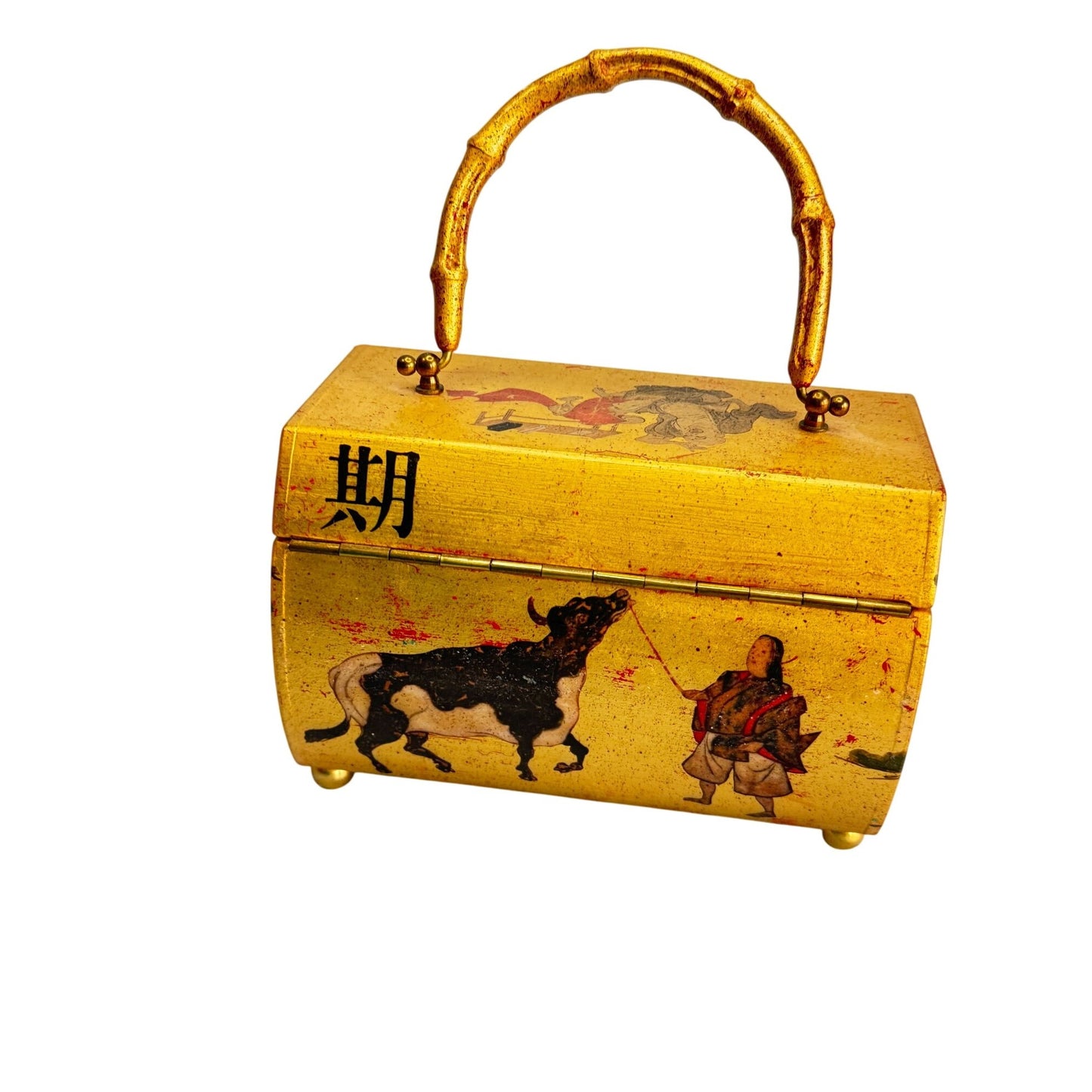Vintage Handcrafted Asian-Inspired Bamboo Handle Box Purse Carolyn Dauner 1975 With Red Velvet Interior & Mirror