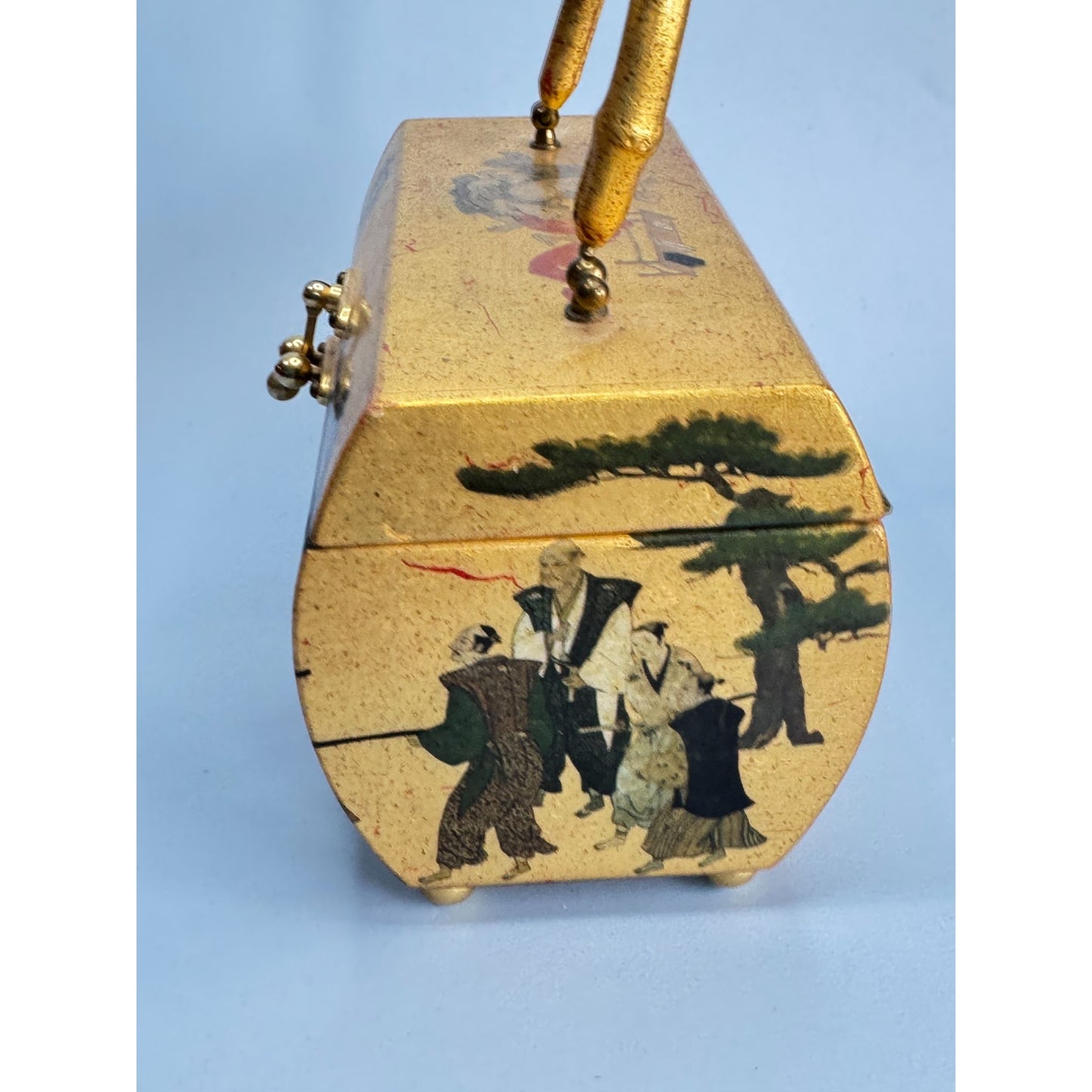 Vintage Handcrafted Asian-Inspired Bamboo Handle Box Purse Carolyn Dauner 1975 With Red Velvet Interior & Mirror