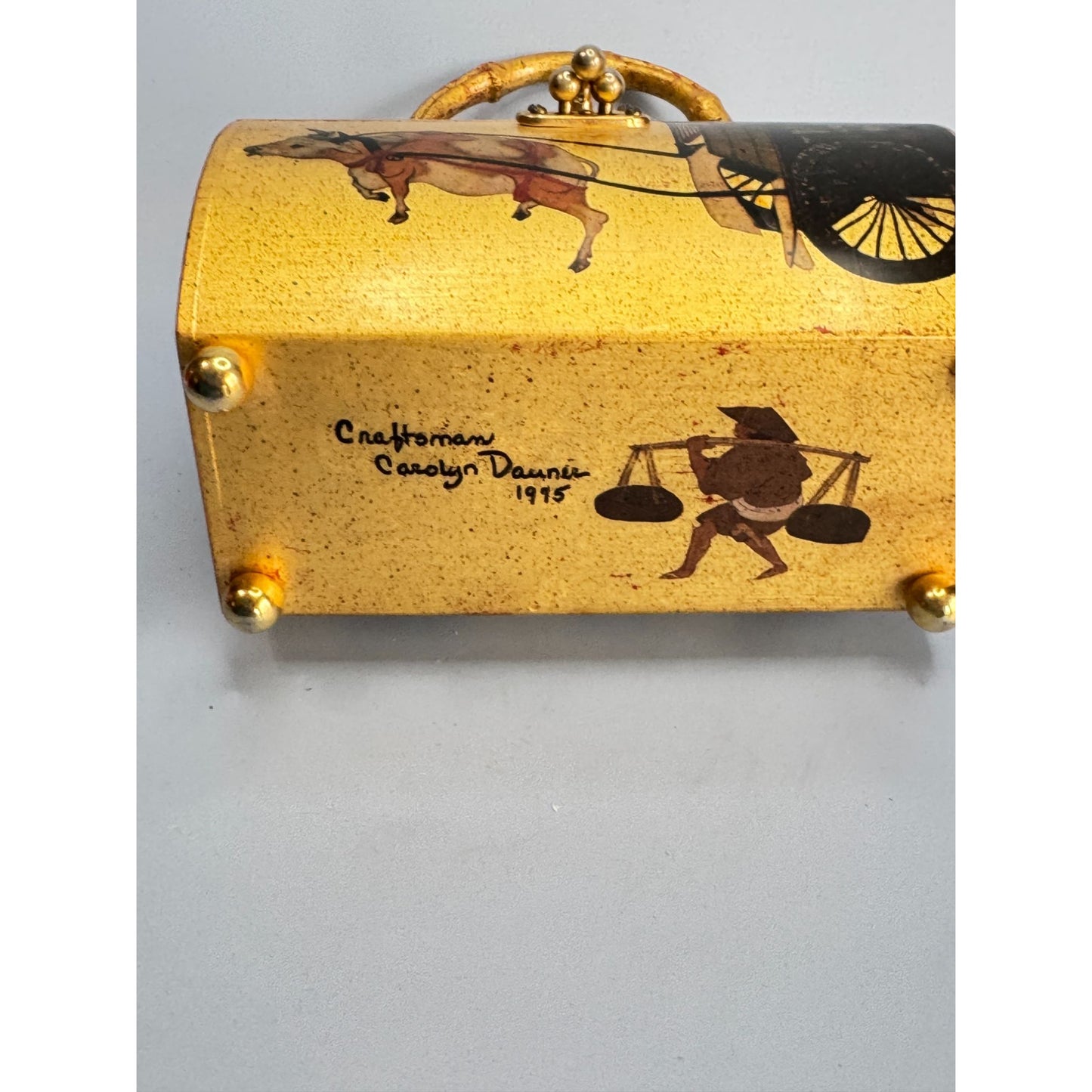 Vintage Handcrafted Asian-Inspired Bamboo Handle Box Purse Carolyn Dauner 1975 With Red Velvet Interior & Mirror