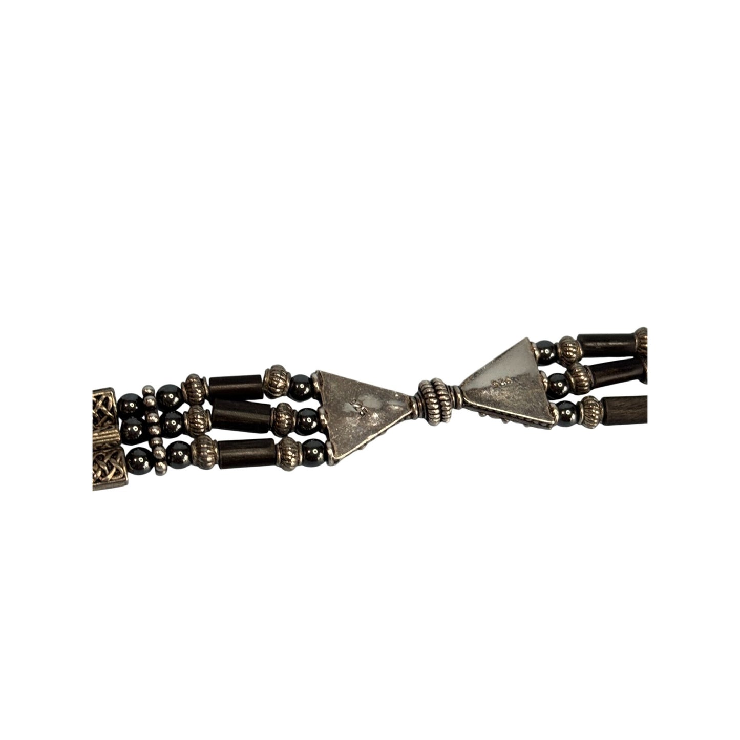 Sterling Silver & Hematite Beaded Bracelet 7" Long 3/4" Wide Triangular Accents