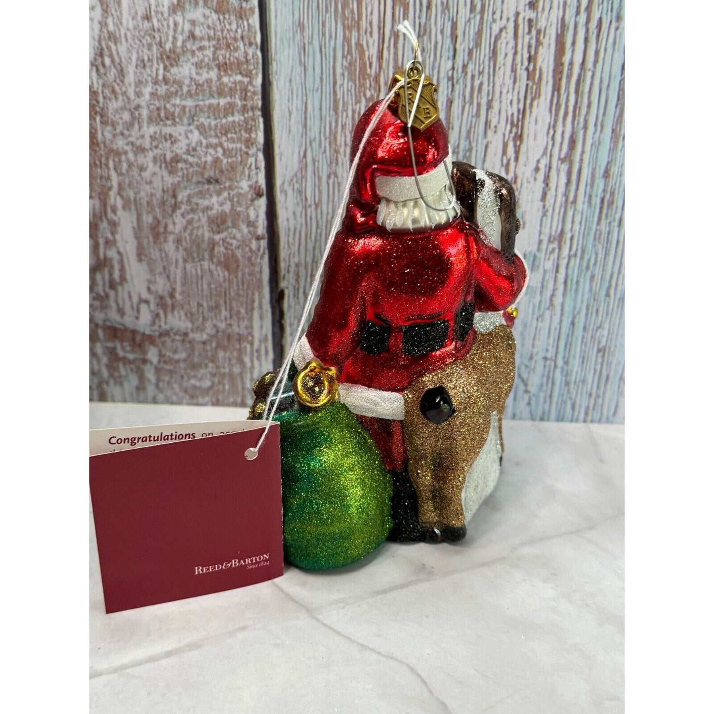 Reed Barton Santa and Reindeer Christmas Reflections Europeon Glass Ornament