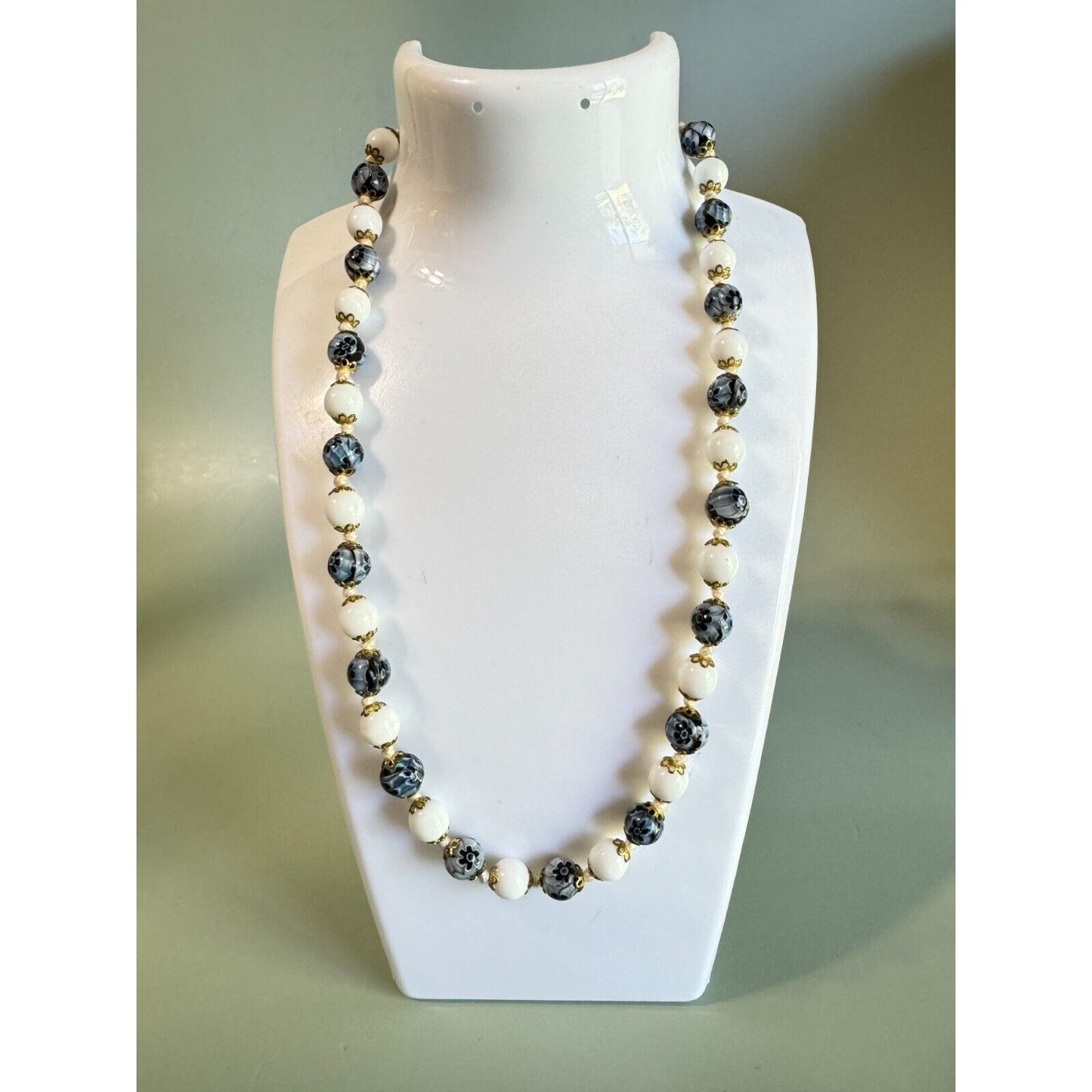 Vintage Venetian Millefiori Blue Floral and White Glass Beaded Necklace 16"