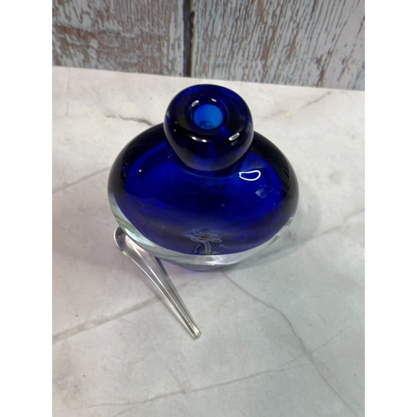 Vintage Cobalt Blue Millefiori Fower Perfume Bottle Art Glass with Stopper Empty
