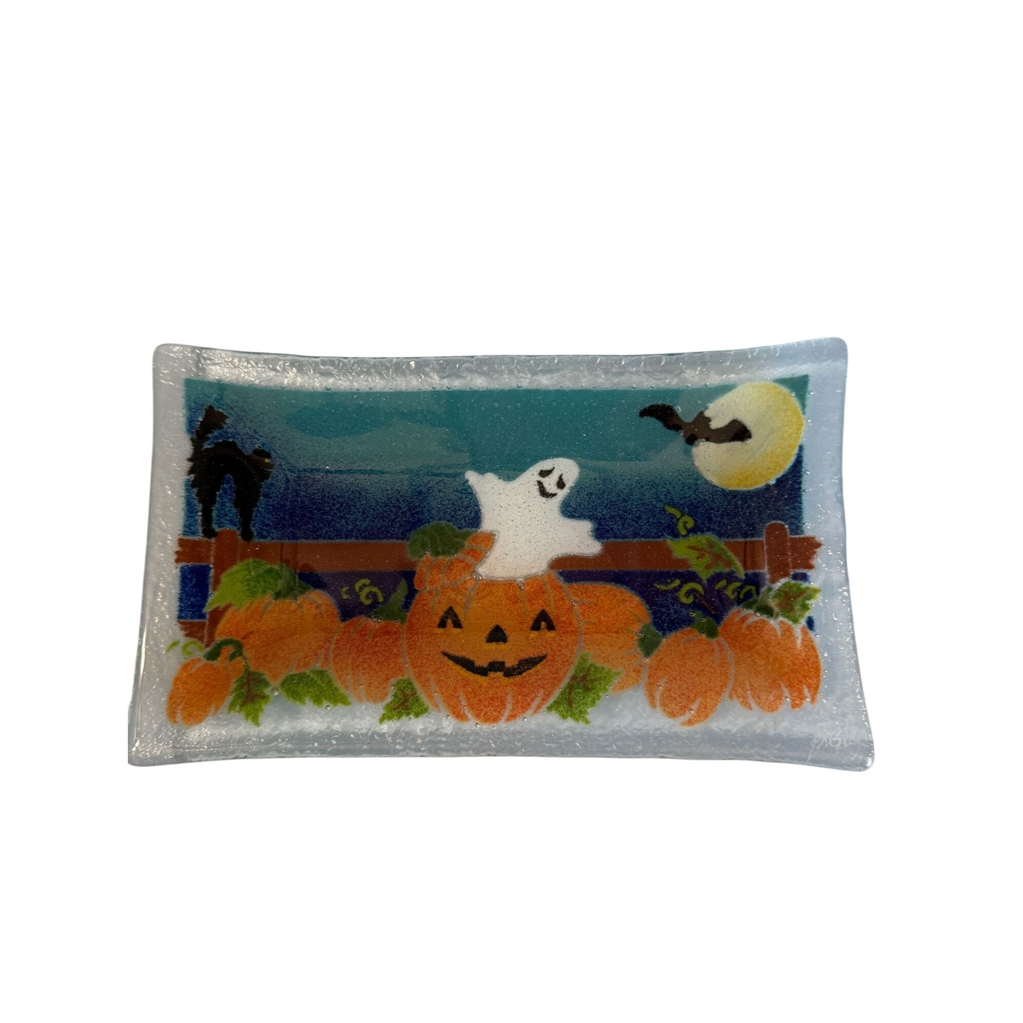 Peggy Karr Halloween Fused Glass Plate Ghost & Pumpkins 10" x 6" Rectangular