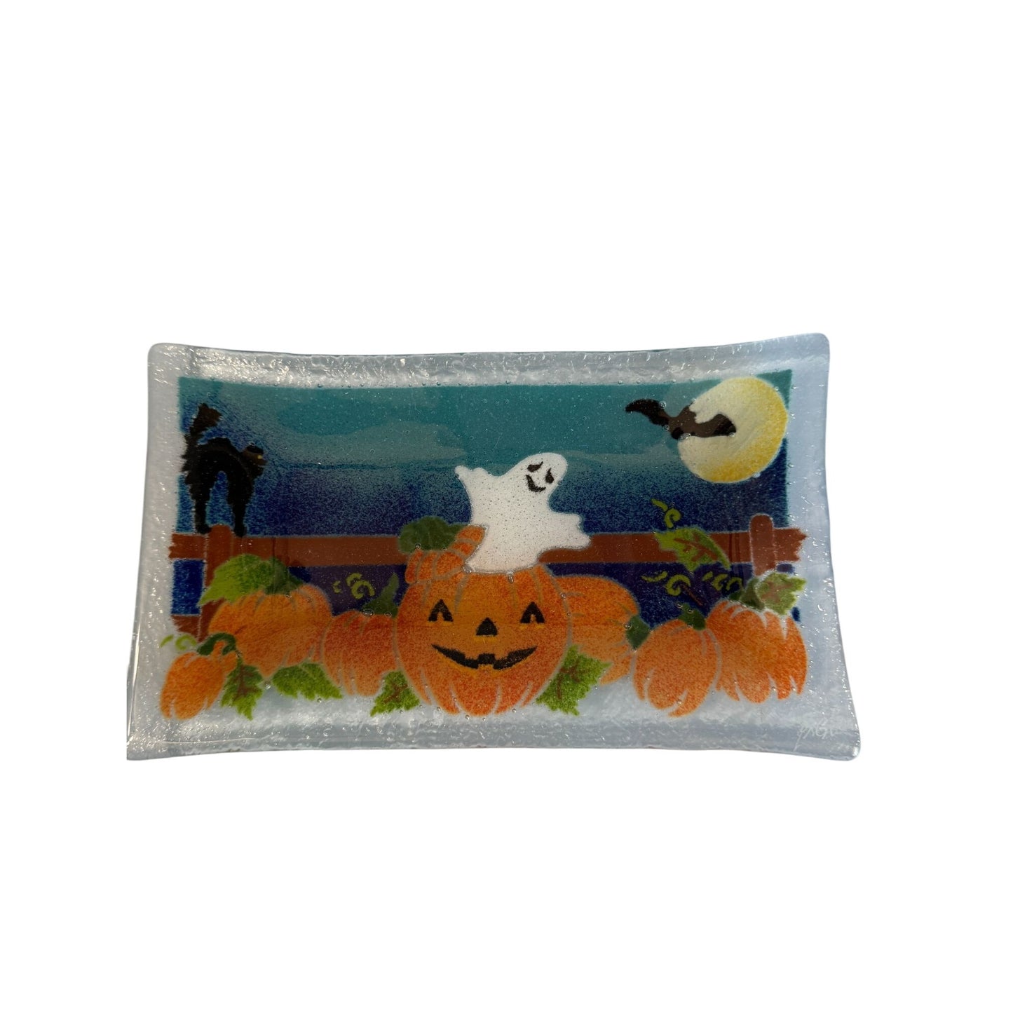 Peggy Karr Halloween Fused Glass Plate Ghost & Pumpkins 10" x 6" Rectangular