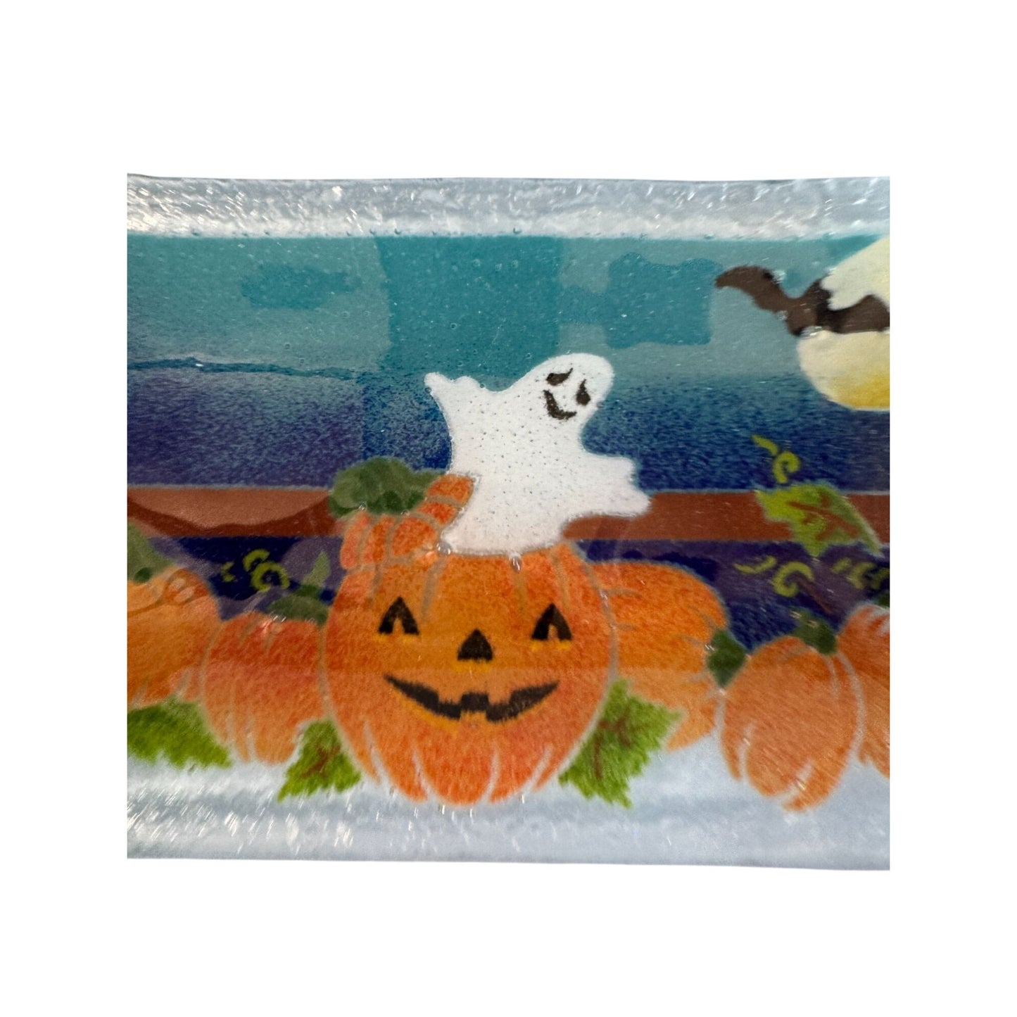 Peggy Karr Halloween Fused Glass Plate Ghost & Pumpkins 10" x 6" Rectangular