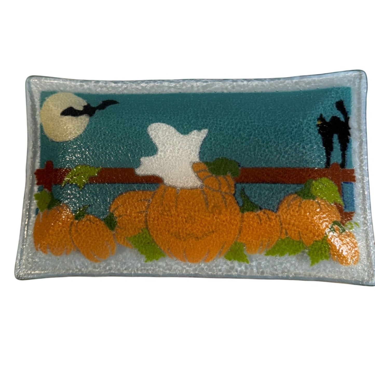 Peggy Karr Halloween Fused Glass Plate Ghost & Pumpkins 10" x 6" Rectangular